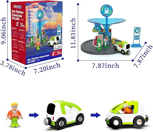 Miniatura 2 de Juego de expansión de estación de servicio de tren de madera, estación de combustible con figuras, automóvil y señales, compatible con Brio Thomas