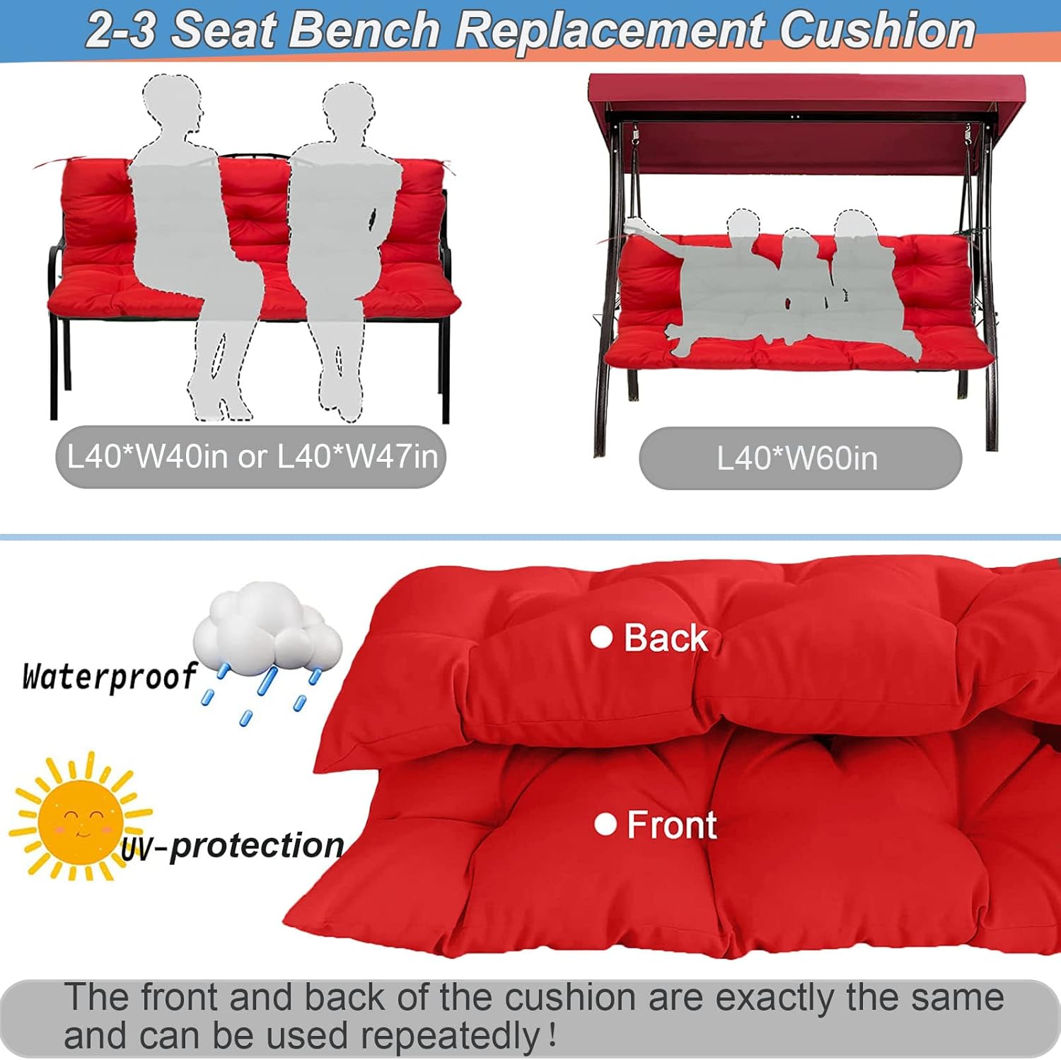 Waterproof 2 Seater Outdoor Porch Swing Replacement Cushions, 4" Thick Patio Bench Cushion for 38"-42" Swings, Khaki 40x40in,Red 40x40in