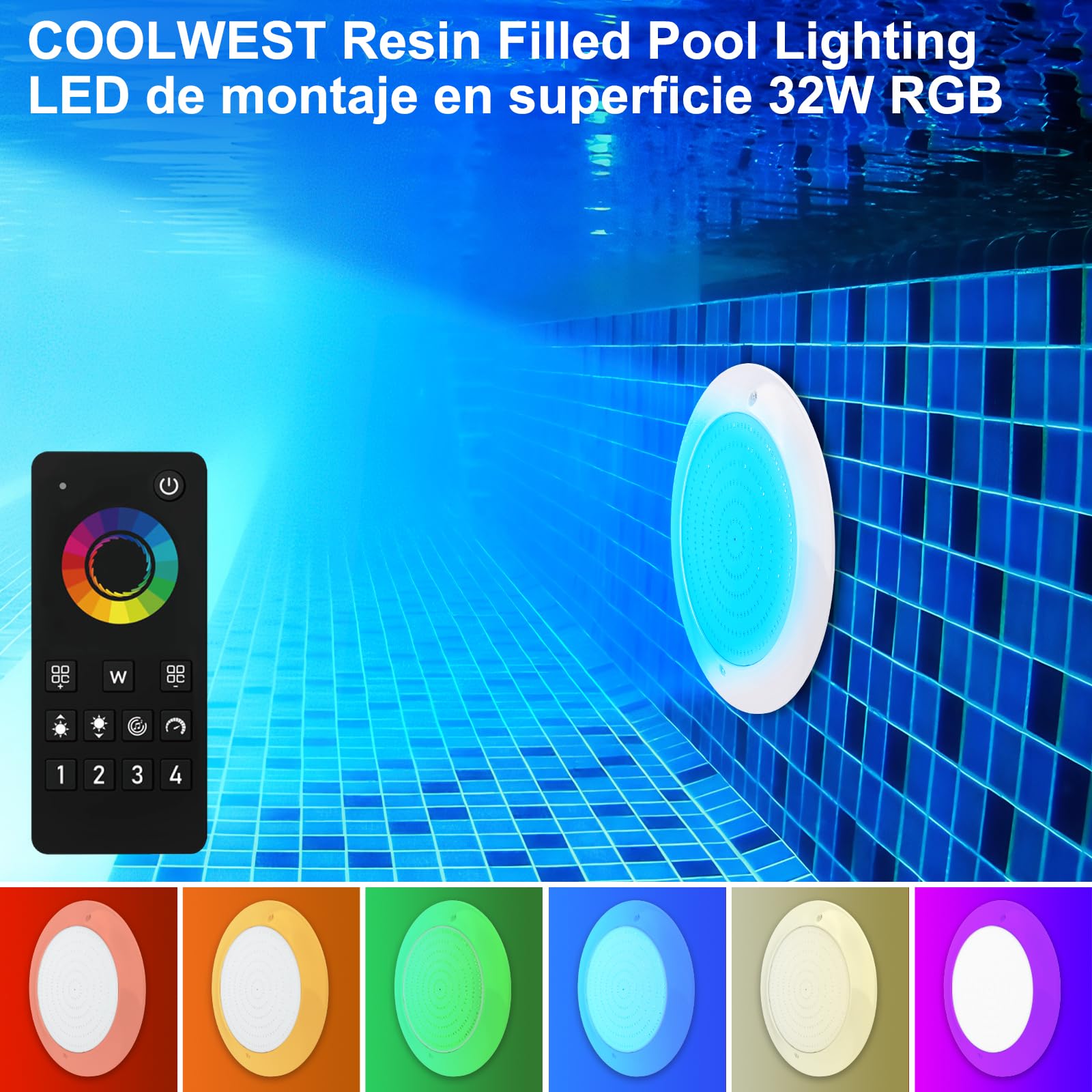 COOLWEST Foco LED Piscina Relleno de Resin, 32W RGBW Lámpara Piscina para Superficie Extraplano, Luces Piscina LED Multicolor con Control APP/Remoto, IP68 Impermeable, 24V DC, Regulable