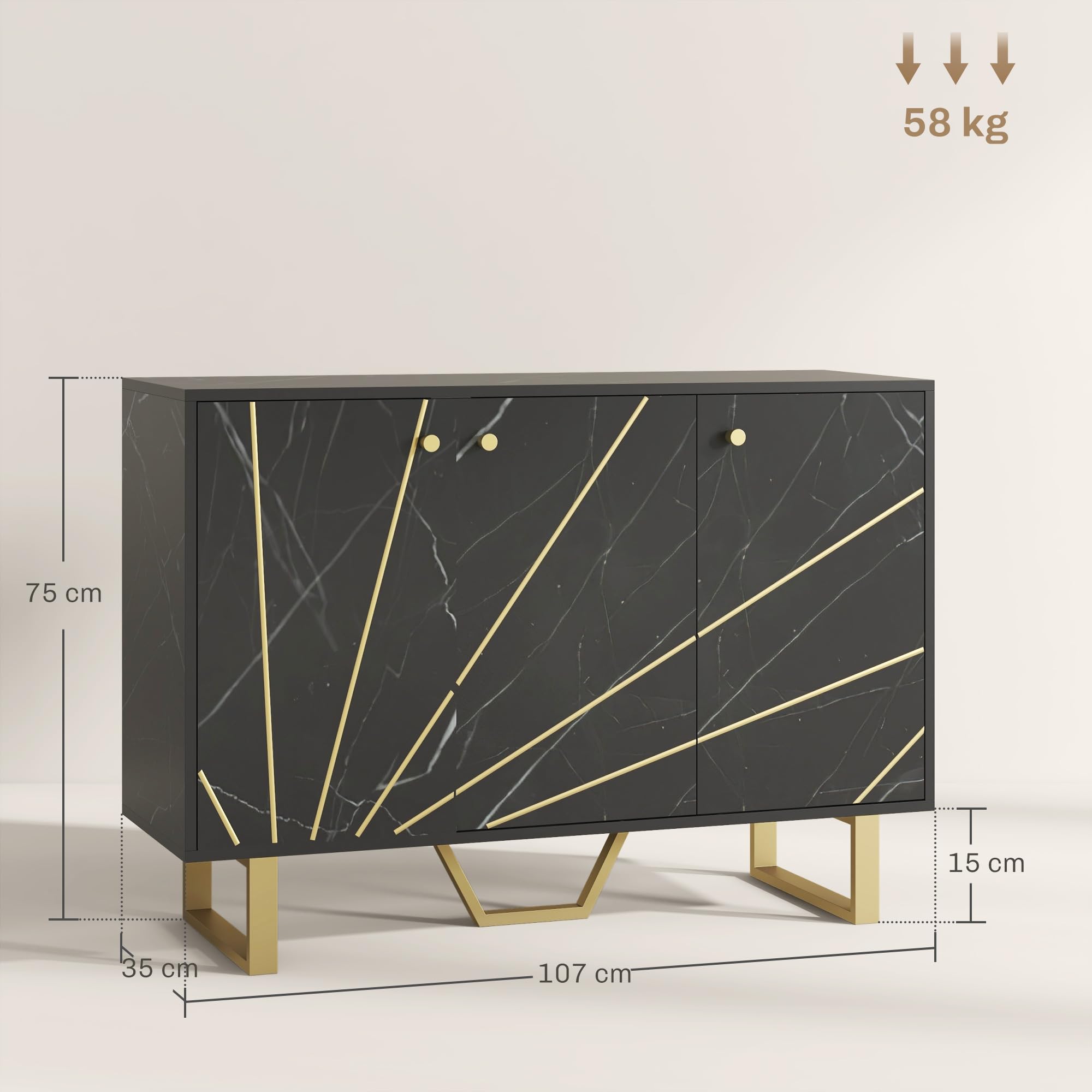 HOMCOM Aparador Moderno 2 Puertas Antivuelco 107x35x75 cm Negro y Dorado | Aparador de Salón, Estante Ajustable, Mueble Auxiliar para Salón, Efecto Mármol