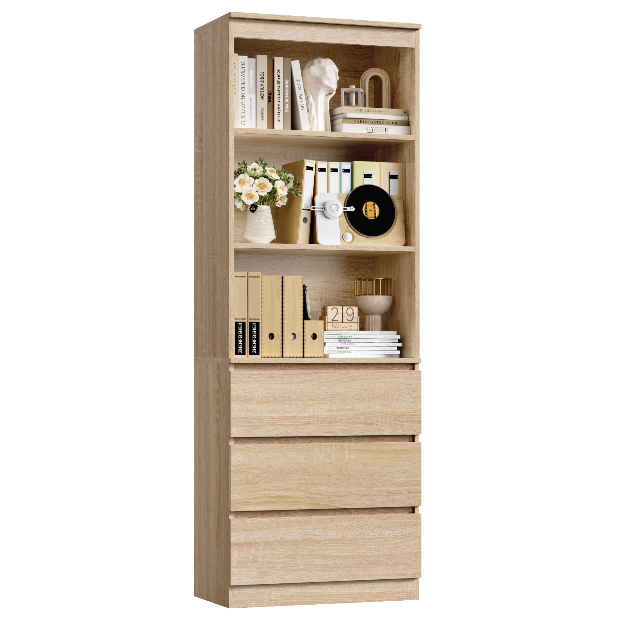 FirFurd 180cm Estantería de 3 Estantes con 3 Cajones, Librería Estantería | Mueble Organizar Documentos, Archivadores, Carpetas, Libros, para Oficina, Salón, Roble, 60x35x180cm