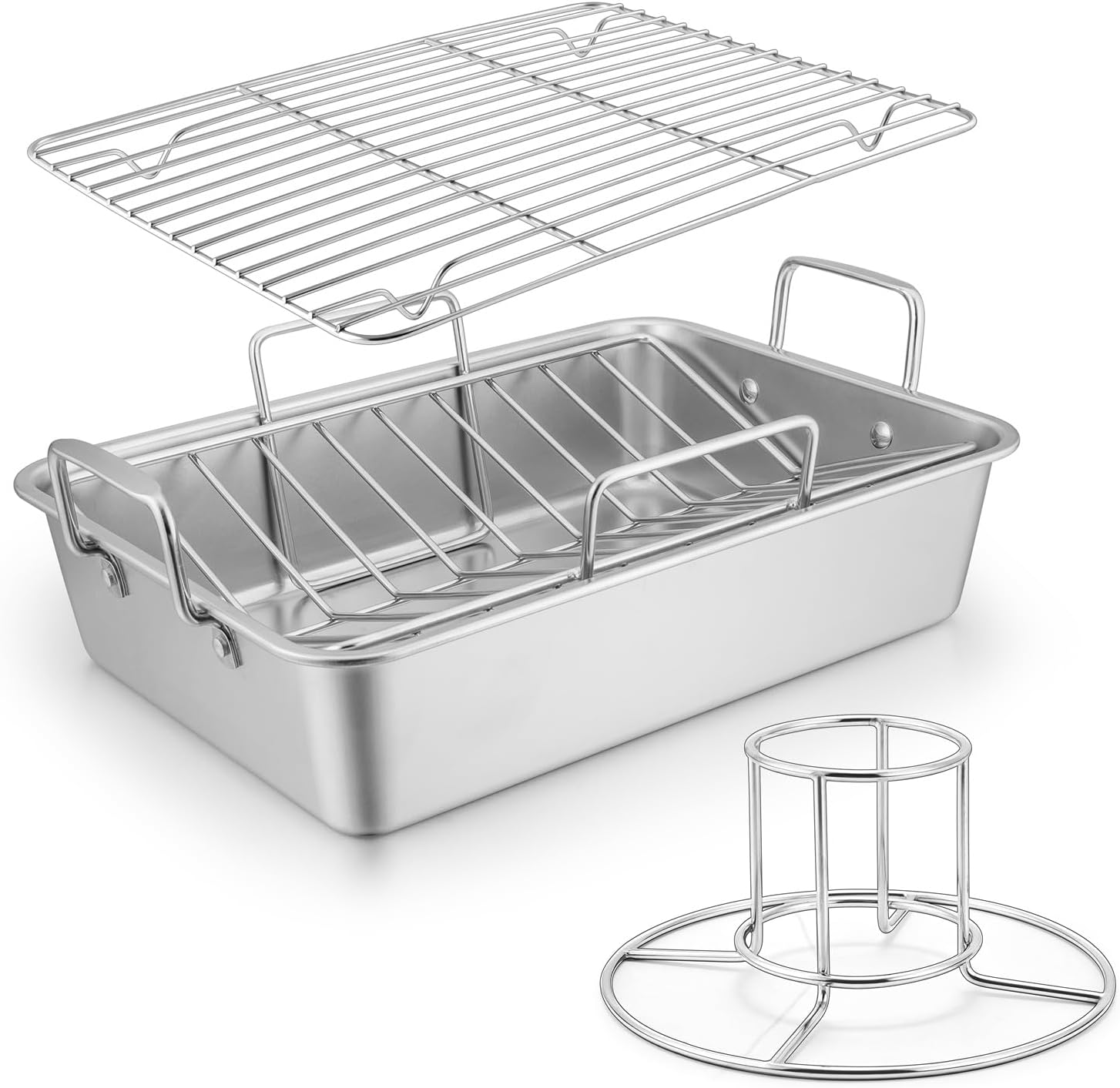Leonyo Roasting Pan, 16 x 11.5 Inch Stainless Steel Turkey Roaster with V-shaped & Flat Rack & Beer Can Chicken Holder, Non-toxic & Heavy Duty Deep Broiling Pan, Dishwasher Safe, Large