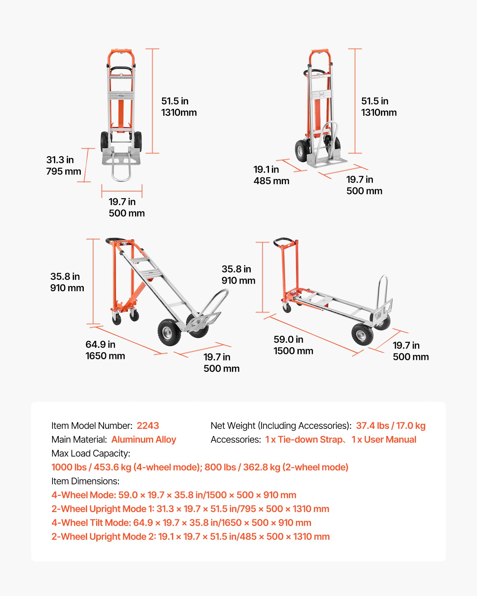 VEVOR 4-in-1-Sackkarre, 453,6 kg Tragkraft im 4-Rad-Modus, umwandelbare Transportkarre mit rutschfestem Griff & Rädern, Handkarre aus Aluminiumlegierung, Transportroller für Umzüge, Büros & Lager