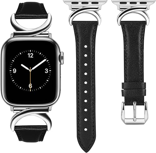 Minyee Leather Bands Compatible with Apple Watch Band 41mm 40mm 38mm 44mm 45mm 42mm 49mm Women, Slim Thin Dressy Designer Strap with C-Shape Metal