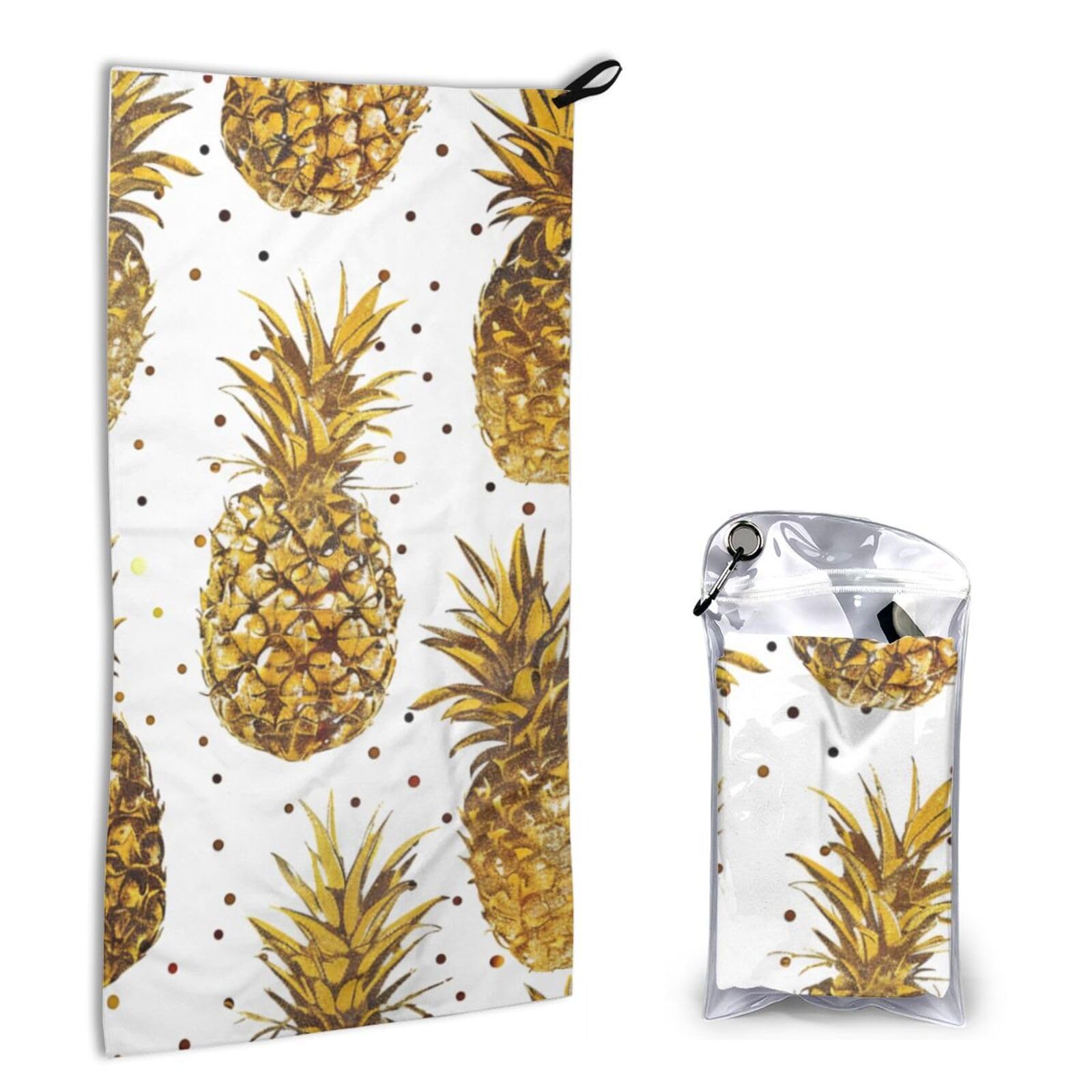 BWWHCCTI Quick Dry Hand Towel With Bag - Gold Glitter Pineapples Fruit Printed Super Absorbent Face Cloth Microfiber Travel Sports Towels 40x80cm