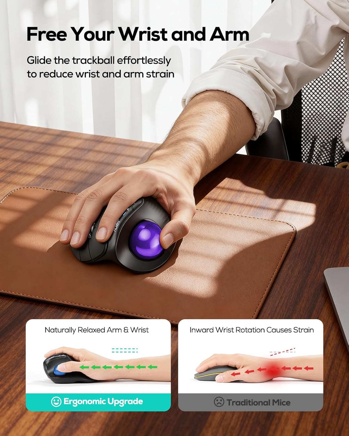 Nulea M514 Vertical Trackball Mouse, Ergonomic Wireless Thumb-Control Mouse with Quiet Clicks, 3 Device Connection (Bluetooth & USB Receiver), Rechargeable for PC/Mac/Laptop/Tablet.(Purple)