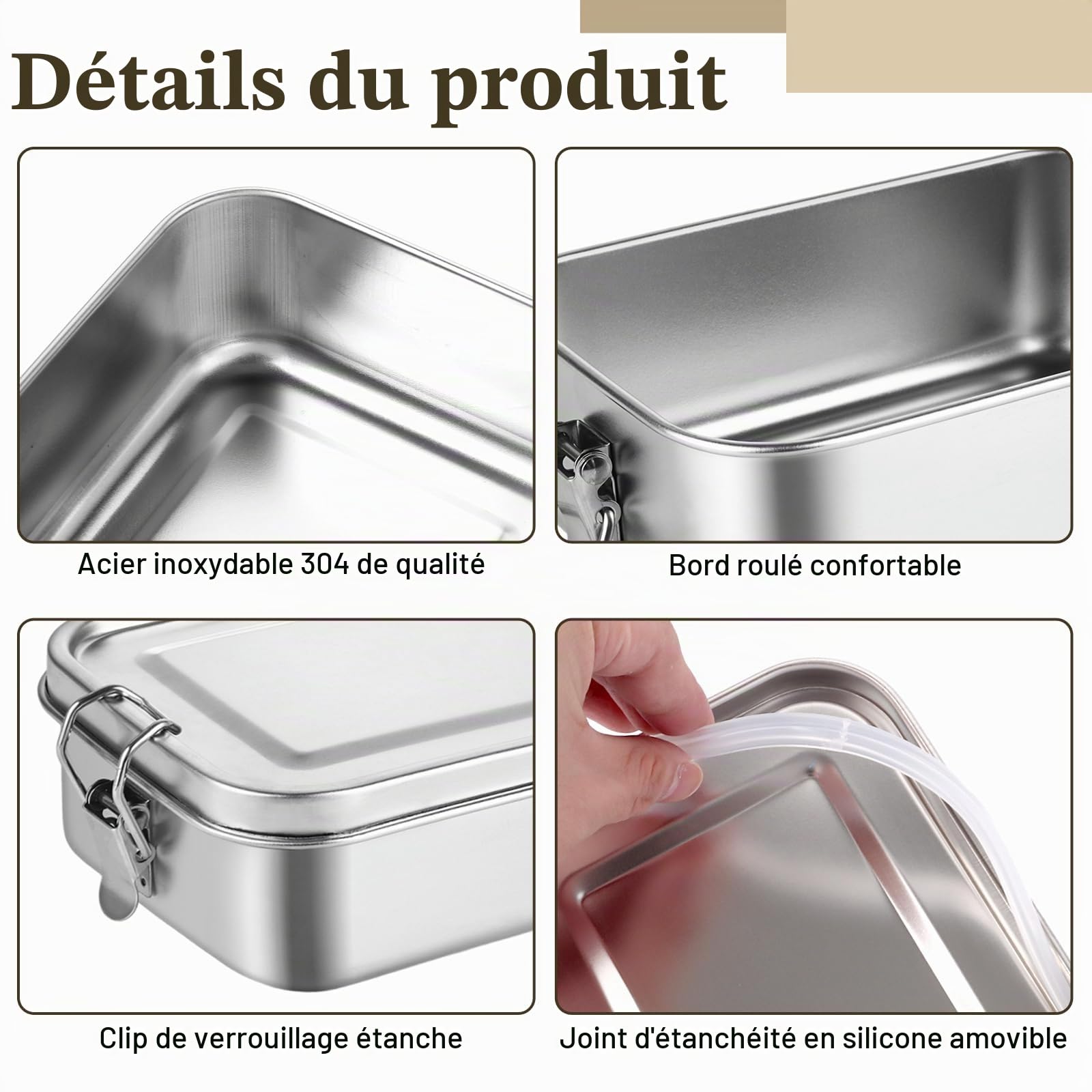 DAJAVE Lot de 4 boîtes à déjeuner en acier inoxydable 850 ml pour enfants et adultes - Anti-fuite et joint d'étanchéité - Pour les sandwiches, la maternelle, l'école