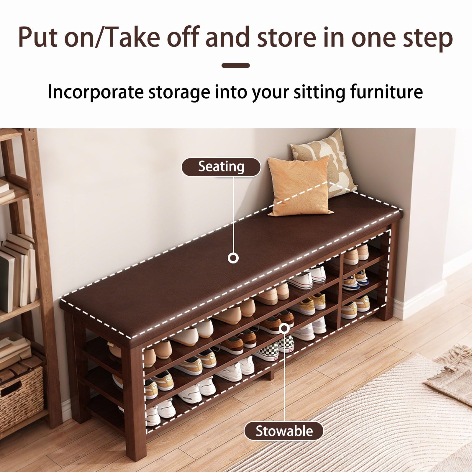 Banco de almacenamiento de zapatos duradero de 100 cm para exteriores con asiento de madera, elegante diseño de rejilla, zapatero móvil perfecto para uso en puerta delantera, color marrón.