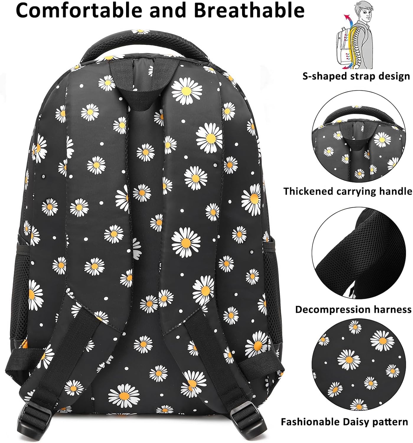 Joyfulife Lightweight Water Resistant Daisy Backpacks for Girls School Backpack with Lunch Bag and Pencil Case - Image 5