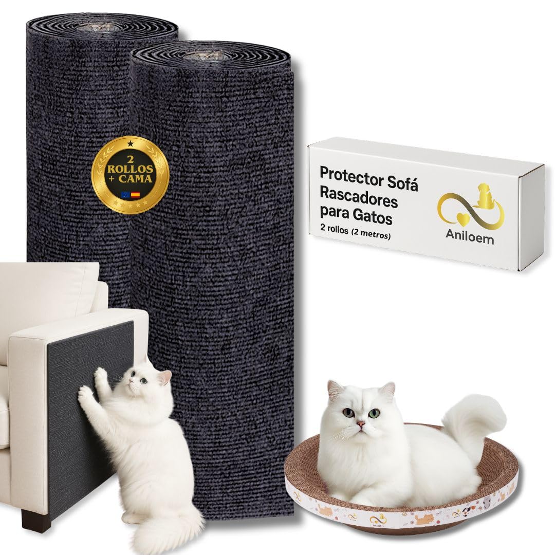 Rascador Sofa Gatos (2 Rollos) + Rascador para Gatos Cama Cartón | Material Resistente y Ajustable | Protege Muebles y Paredes | Adhesivo Fuerte (Alfombra de 2 Metros)