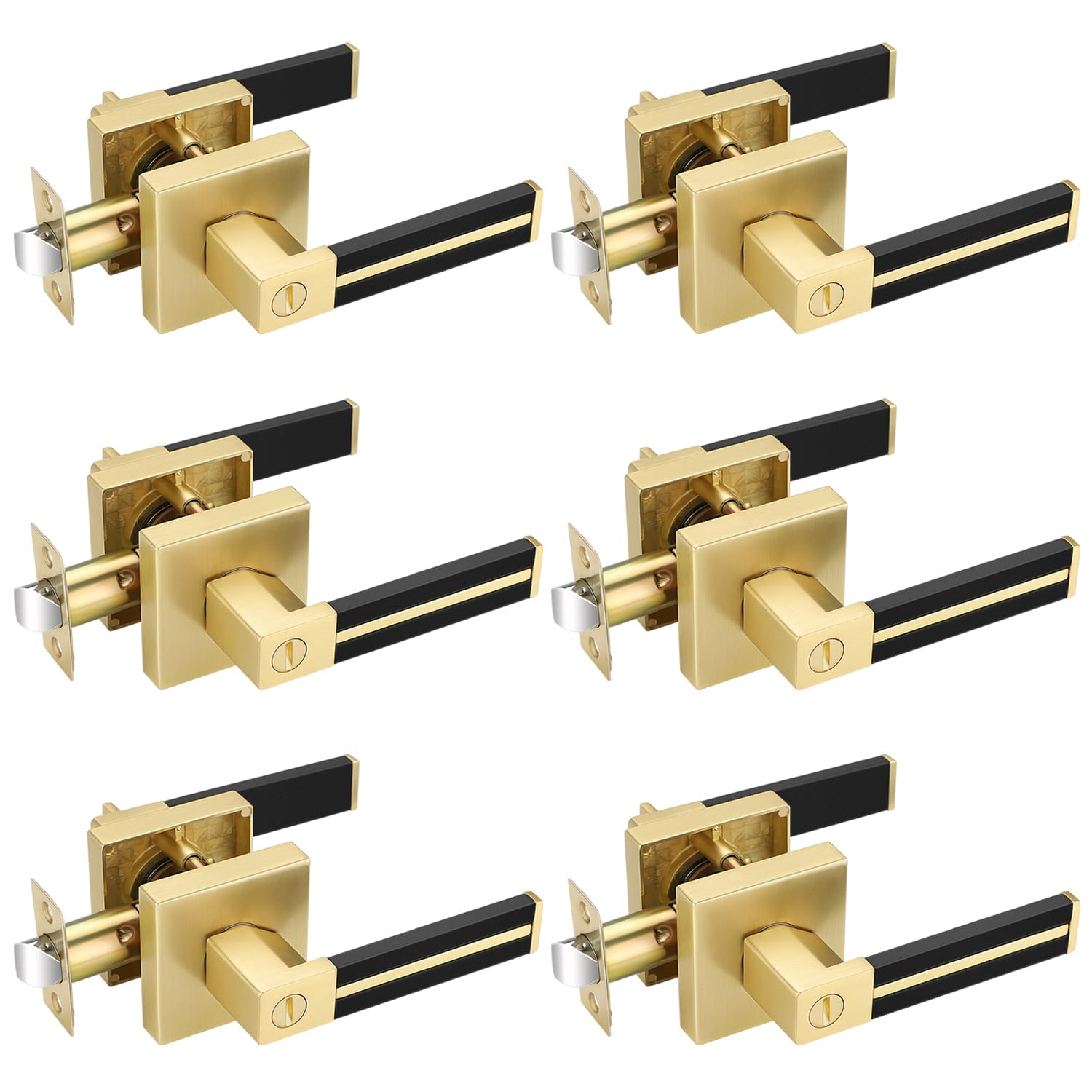 EHOMEWARE Gold Door Handles with Black Leather Handle, 6 Pack Privacy Door Levers for Bedroom or Bathroom, Interior Door Knobs Locked Inside with Turn-Thumb, Universal Handling — image 1