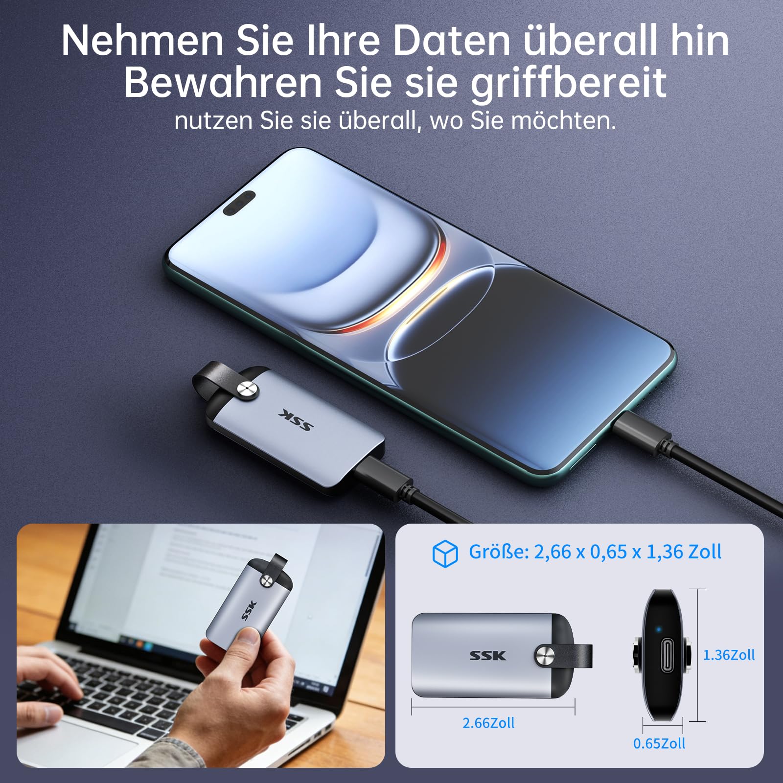SSK Externe Portable NVMe SSD 2TB, max. 2000 MB/s nur über USB 3.2 Gen 2x2 | SSD Festplatte extern mit Ledergriff und USB-C für iPhone 15/16/17, Android, Windows, Tablet, Mac, Laptop, PC und Xbox One