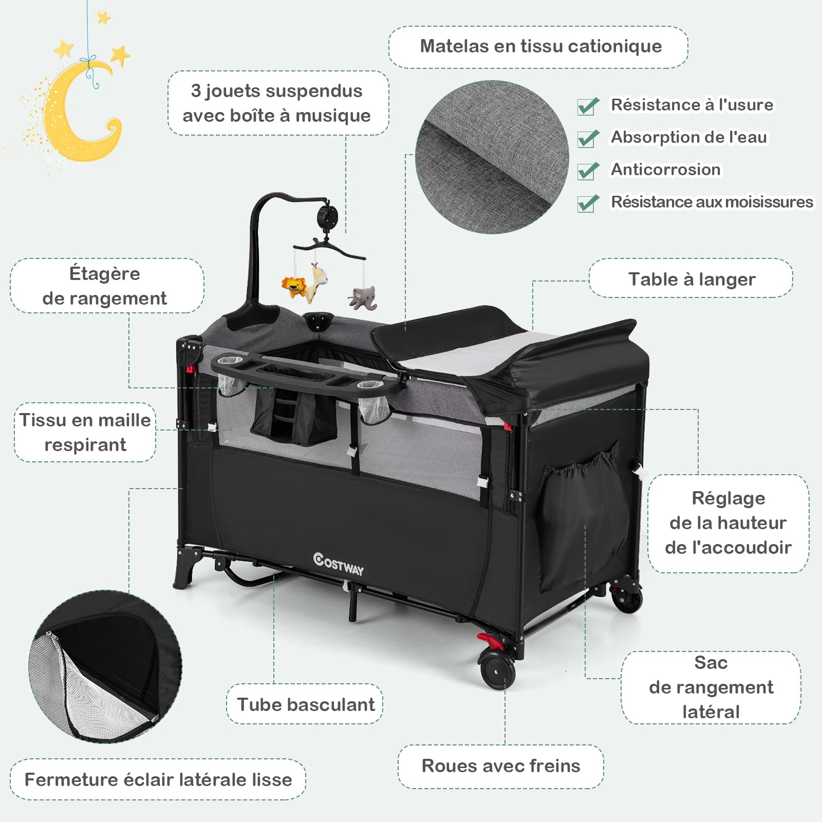 COSTWAY 5 en 1 Lit Parapluie Bébé avec Matelas & Table à Langer, Lit Bébé Evolutif avec 4 Hauteurs Réglables, 3 Jouets Suspendus & Boîte à Musique, Roues avec Freins, Charge Max 15kg, 0-36 Mois