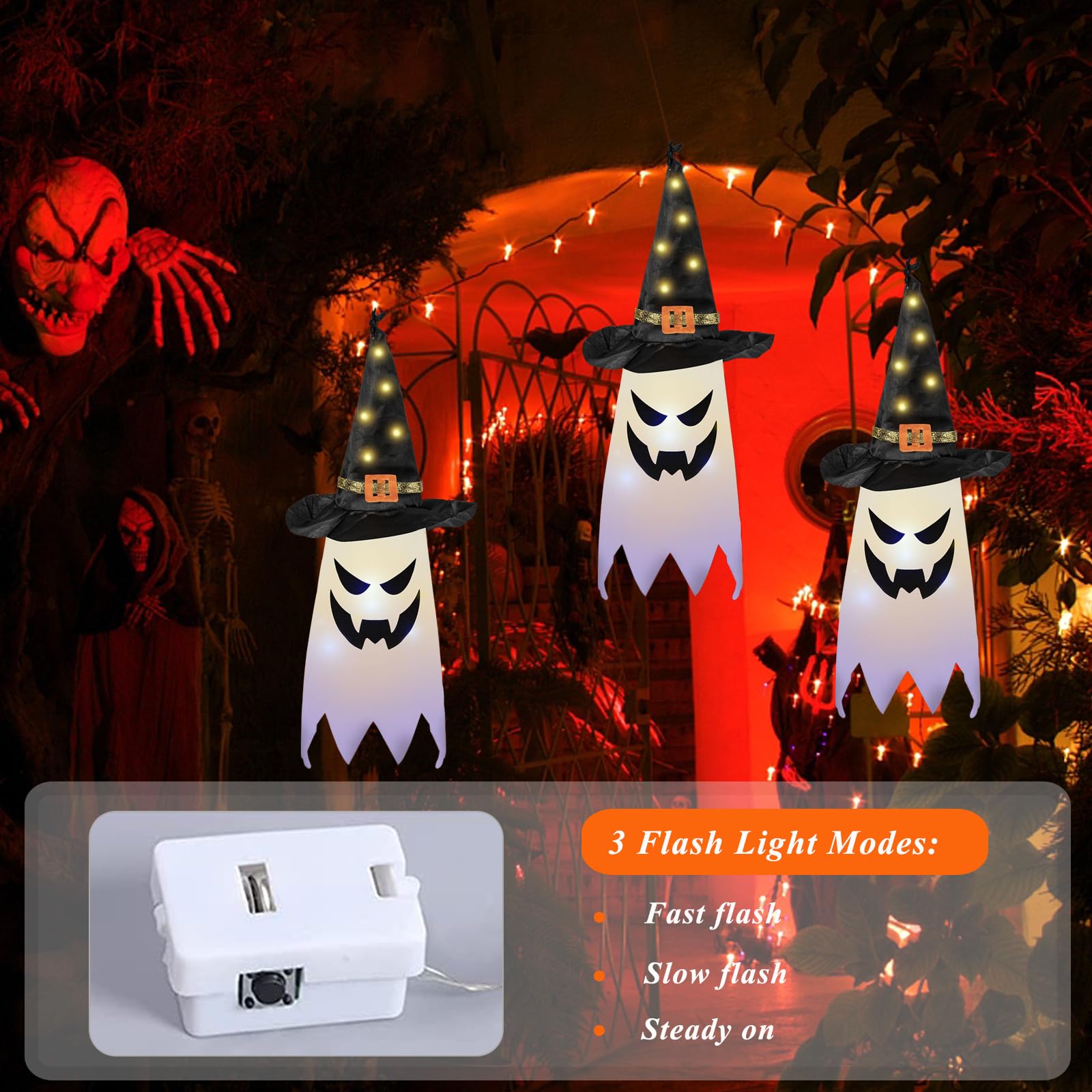 Decoraciones De Halloween Al Aire Libre, 3 Fantasmas Colgantes Iluminados, Lindo Sombrero De Bruja Fantasma Iluminado, Adornos De Halloween Para Decoración De Interiores Y Exteriores Para Fiesta