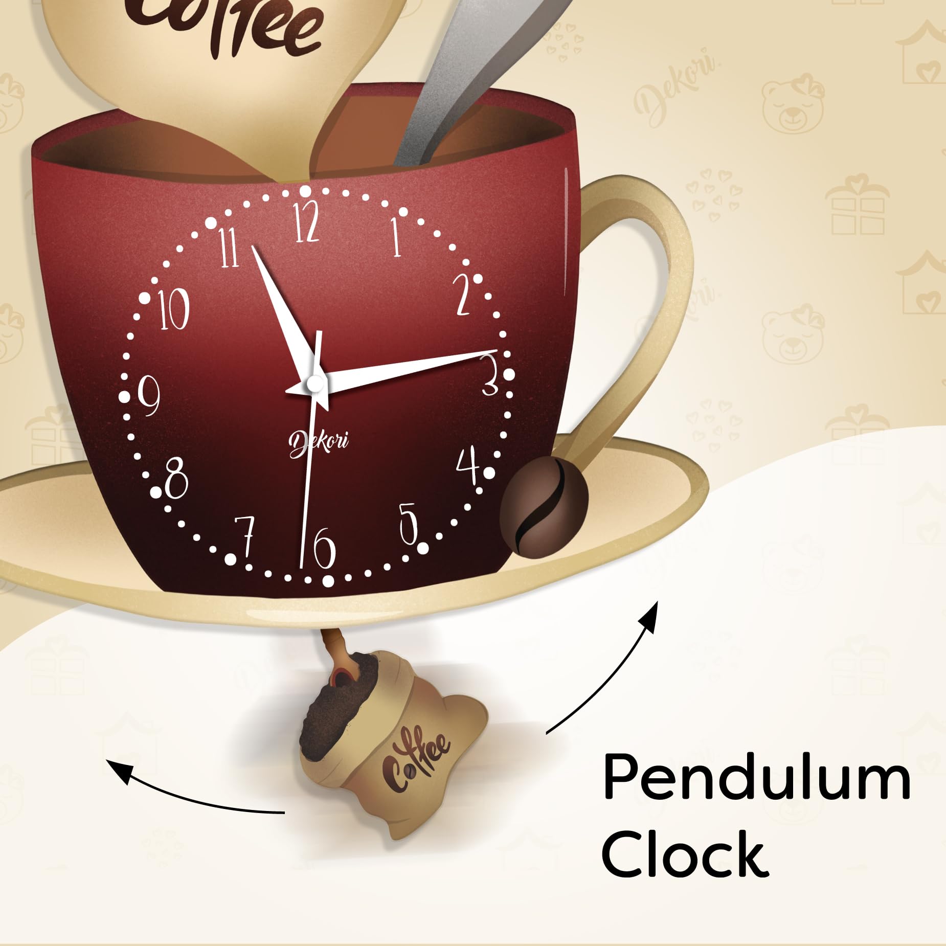 DEKORI Horloge Cuisine Tasse à Café avec Pendule – Horloge Murale Silencieuse Design Italien en Bois – Décoration Cuisine Moderne