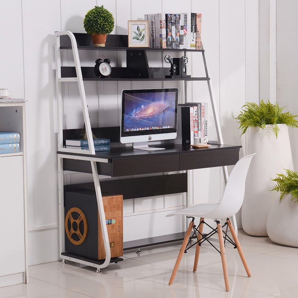 Emall Life Multi-Functional Computer Desk with Bookshelf and Drawers Home Office PC Laptop Study Table (White Shelf and Black Walnut)