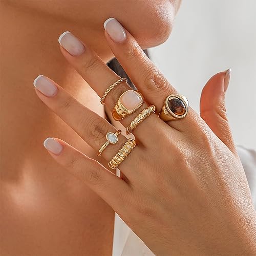 Miniatura 5 de Anillos de cristal gruesos de oro para mujer, diseño de cúpula grande, piedra lunar, juego de anillos vintage bohemios, punk, joyería vanguardista