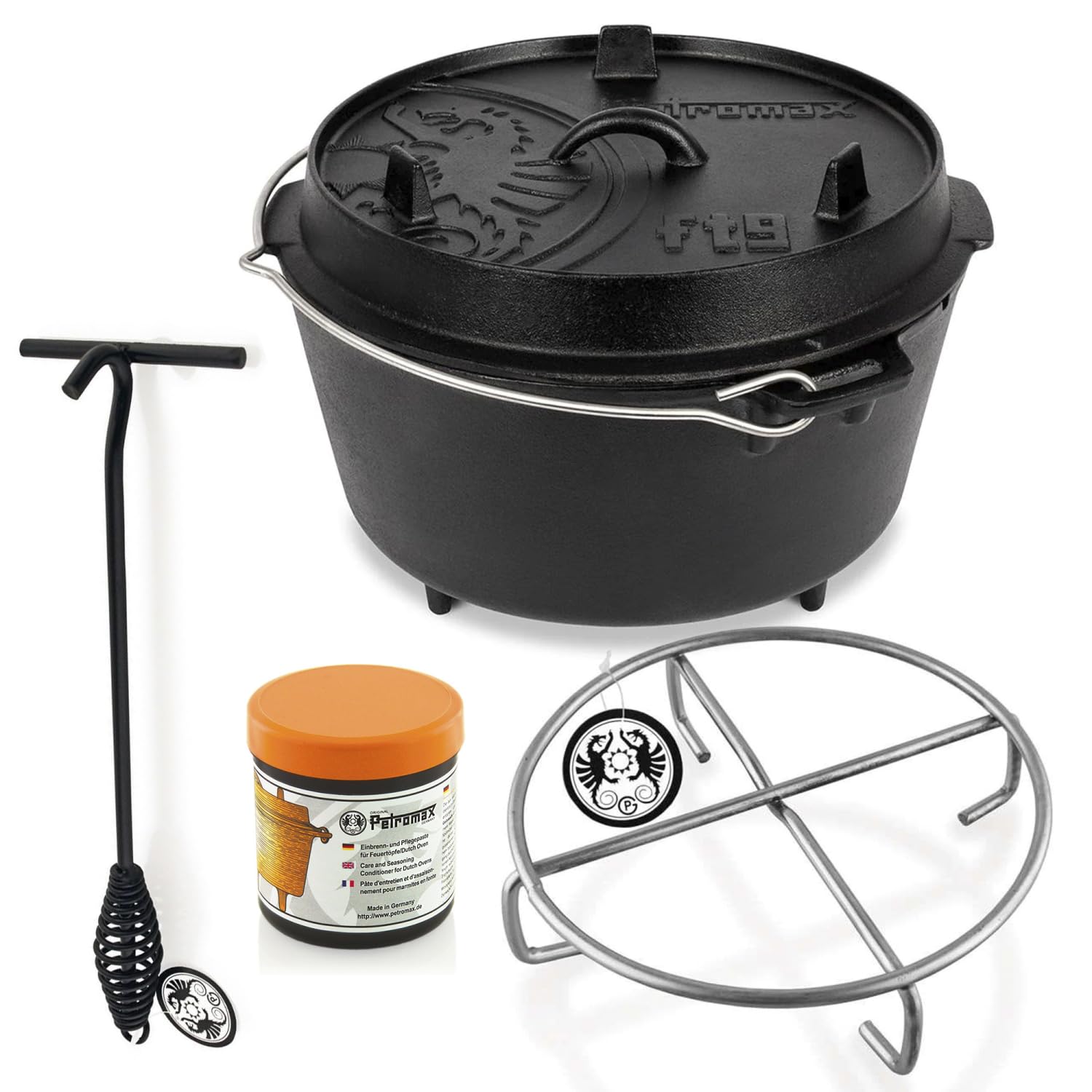 Petromax Feuertopf ft3 Einsteiger-Set - Dutch Oven mit Standfüßen inklusive Deckelheber, Pflegepaste und Untersetzer - für alle Grillarten und offenes Feuer - 1,6 Liter