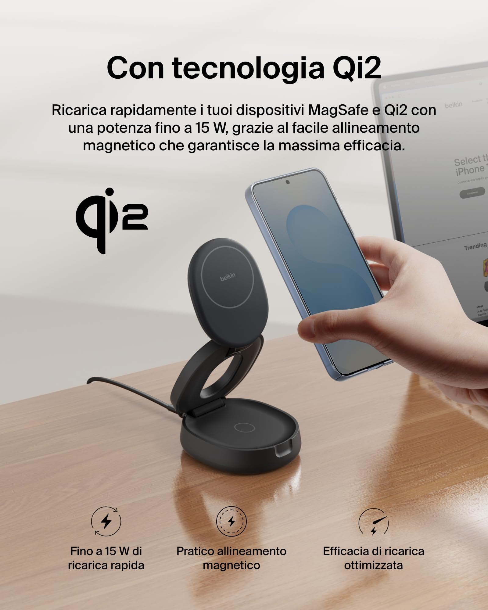 Belkin 2 in 1 Caricatore Wireless, Stazione di Ricarica Wireless 15 W, Caricatore Qi2 con MagSafe per iPhone 16 e AirPods, base piena antiscivolo, alimentatore da 30W - Nero