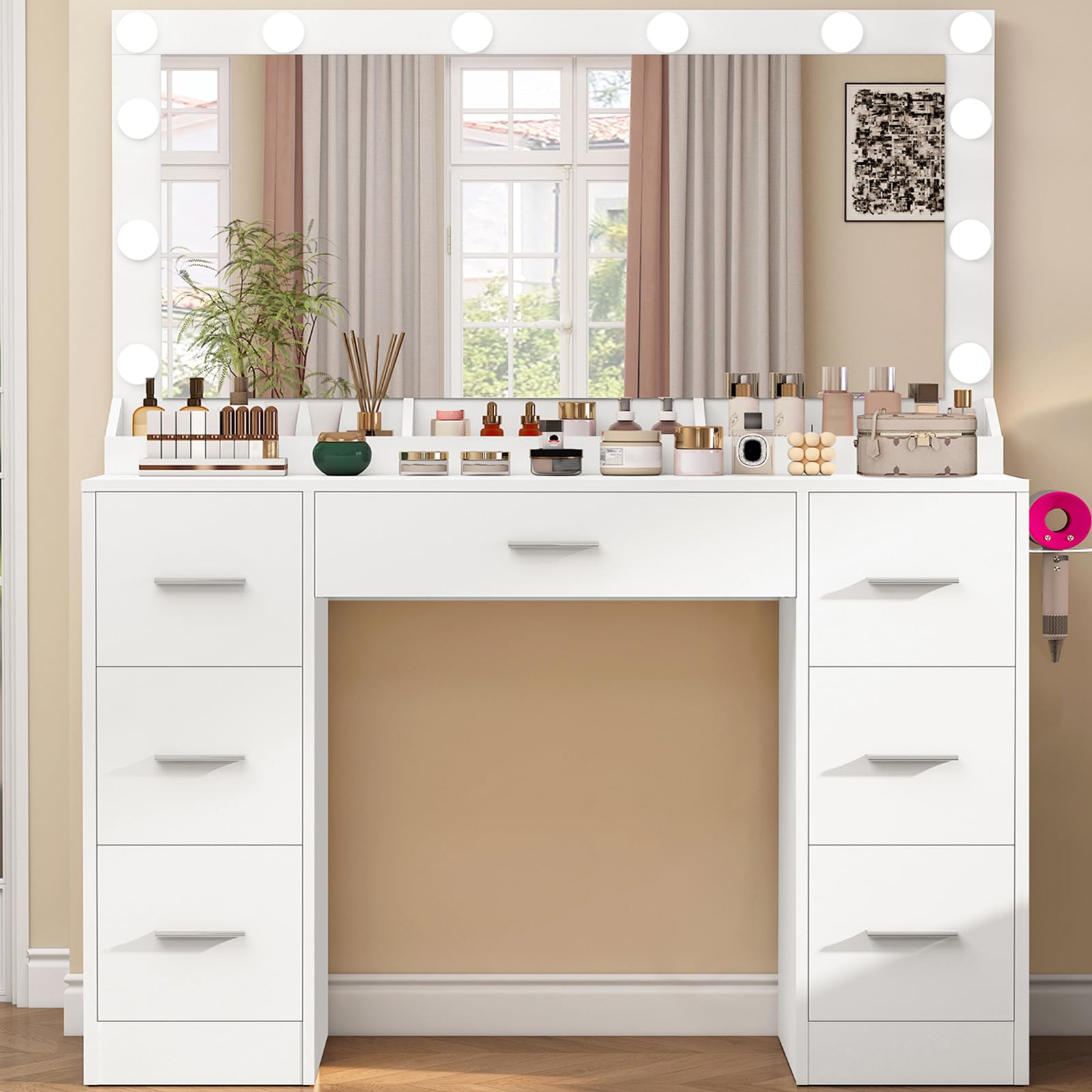 SLINEMO Dressing Table with Large Mirror and 12 LED Lights, Vanity Desk with 7 Drawers & Hairdryer Holder, 3 Adjustable Lighting Colors, White - Ideal for Women & Girls â image 1