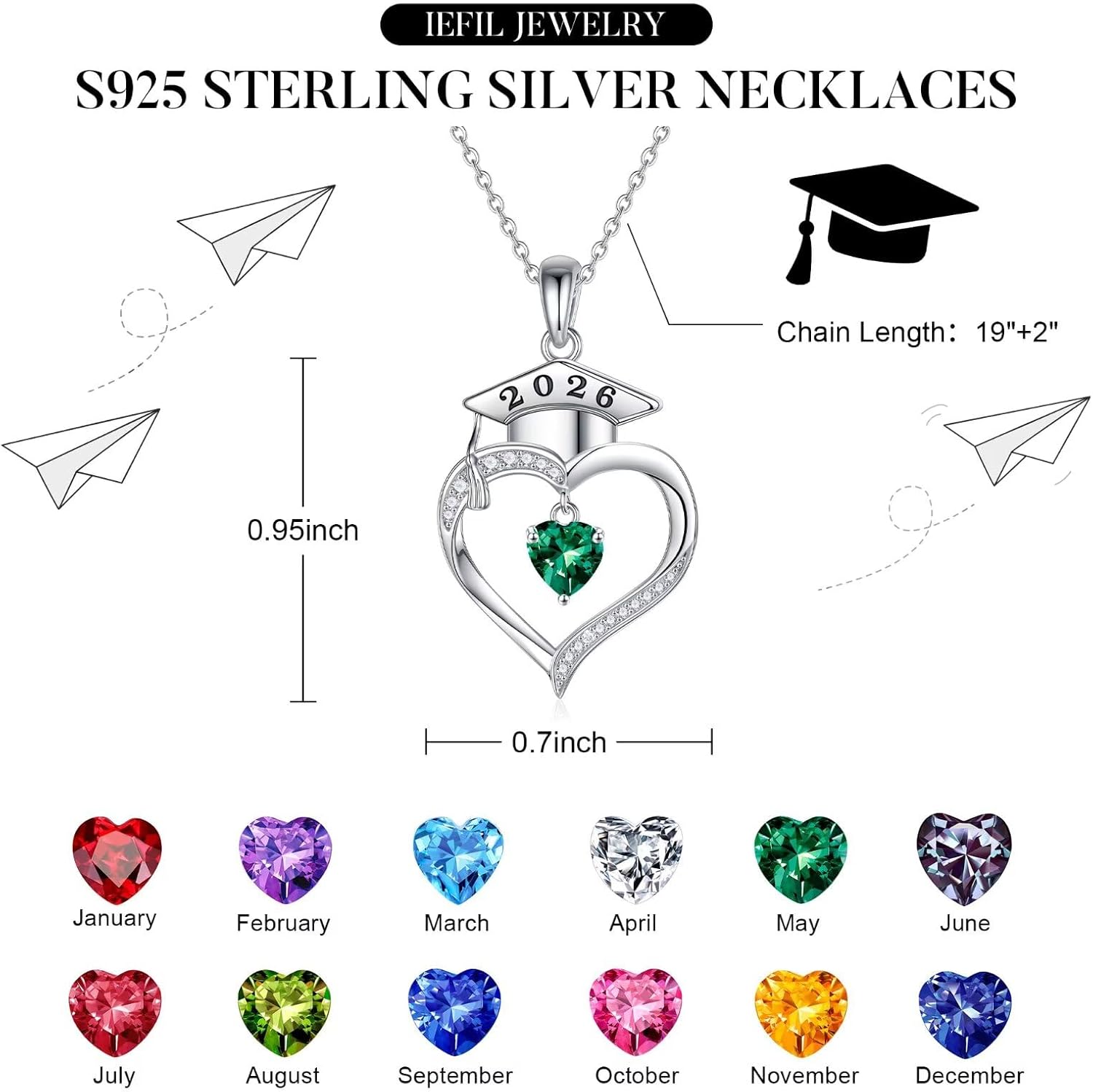 Iefil 2026 Graduation Gifts - 925 Sterling Silver Heart Birthstone Necklace, 2026 Graduation Gifts for Women Her