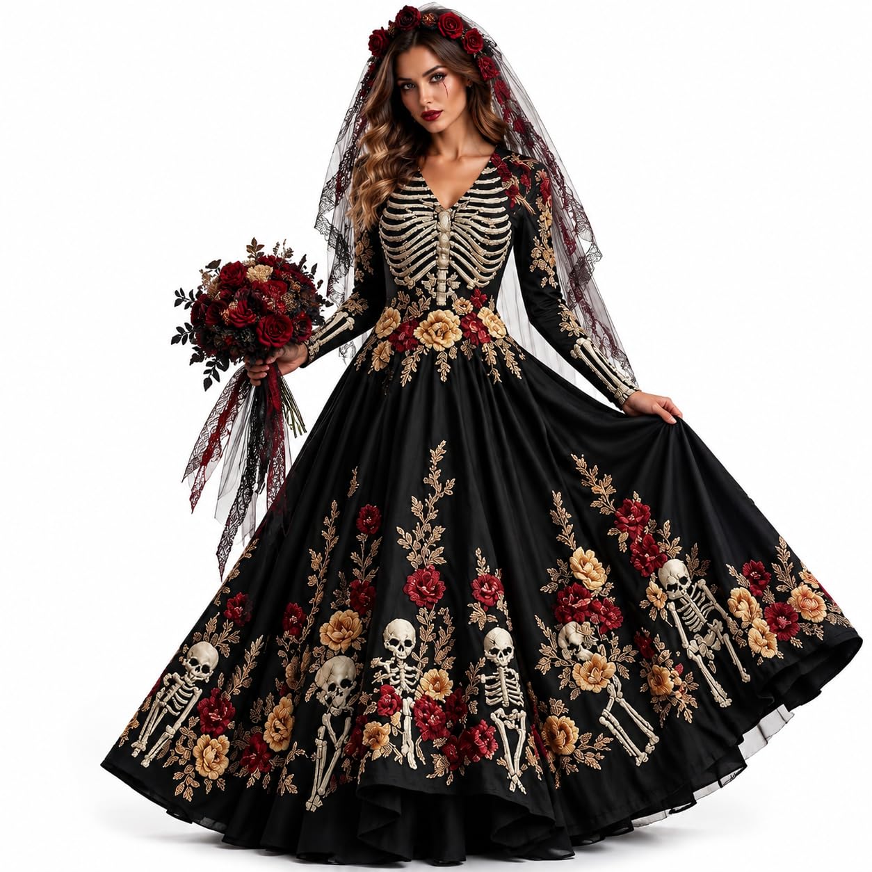 Halloween Costume Women's Skeleton Dress Midi Dress Gothic Dress Halloween Fancy Dress Costumes Skeleton Skull A-line Long Sleeve Midi Dress Calf Length Gothic Vintage Cosplay Party
