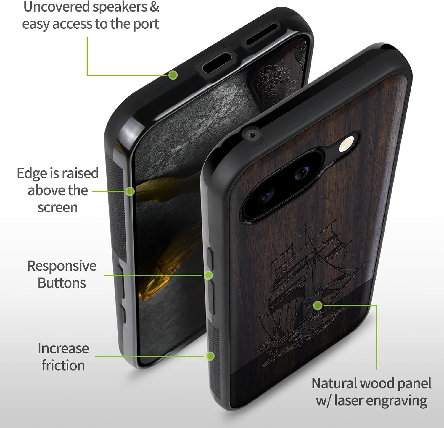 Carveit Magnetic Wooden Case for Google Pixel 9a Case, Wood Artisan Engraved & Soft TPU Shockproof Cover, Compatible with MagSafe Wireless Chargers (Sailing Spirit) Blackwood