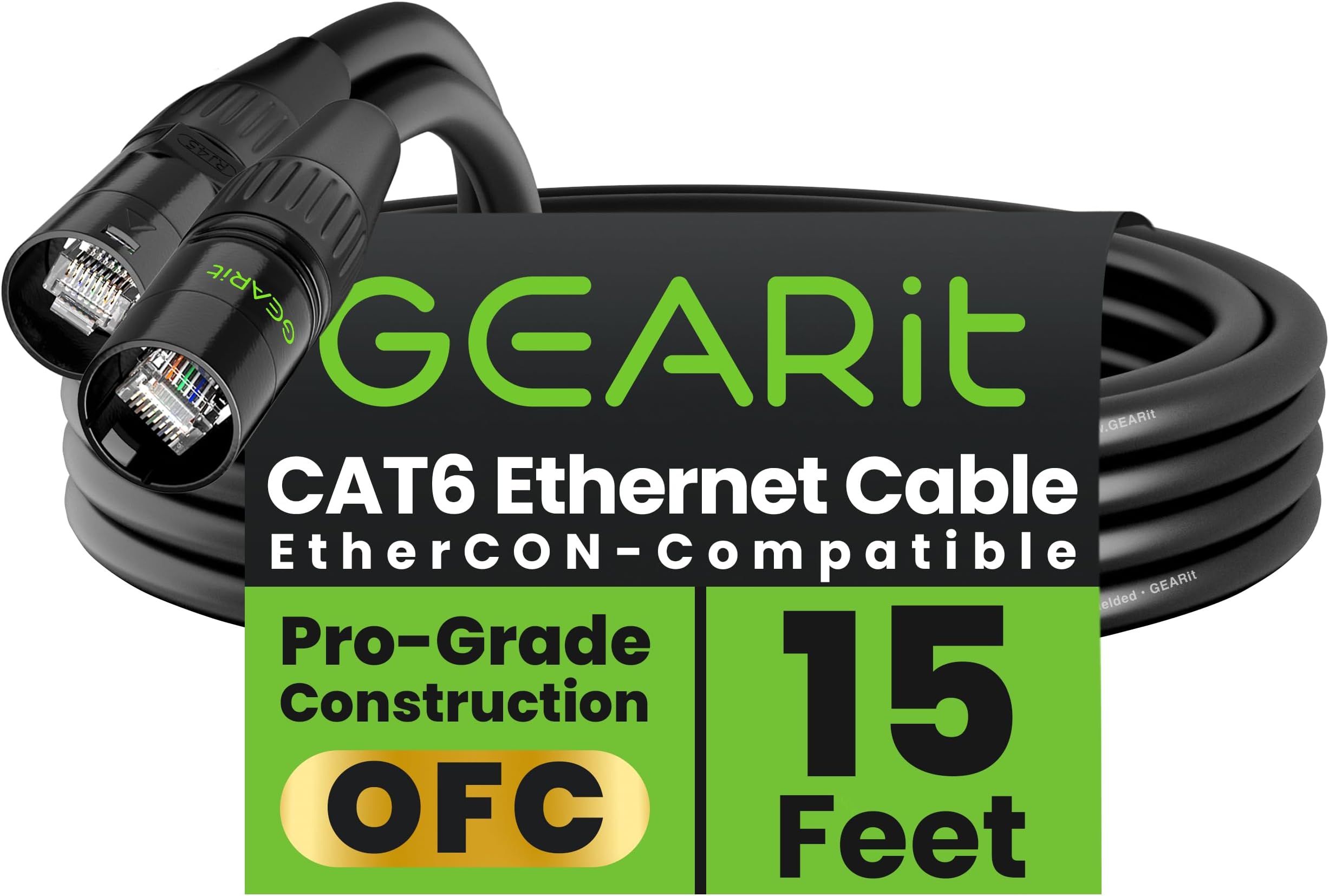 GEARit Shielded CAT6 Ethercon Cable (15 Feet) Professional Audio & Lighting RJ45 EtherCON-Compatible Cable for Studio, Stage, Concerts - 15ft Black