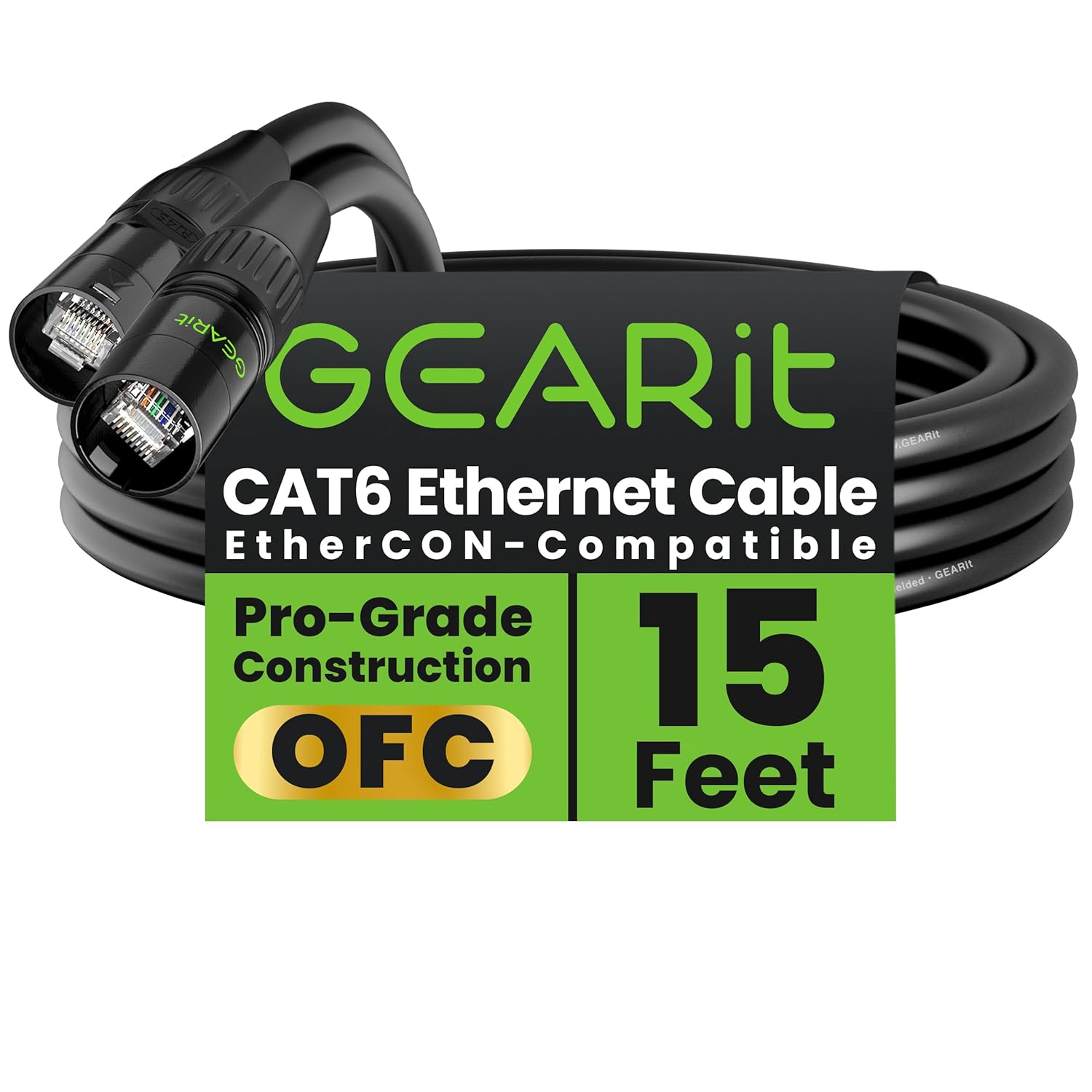 GEARit Shielded CAT6 Ethercon Cable (15 Feet) Professional Audio & Lighting RJ45 EtherCON-Compatible Cable for Studio, Stage, Concerts - 15ft Black