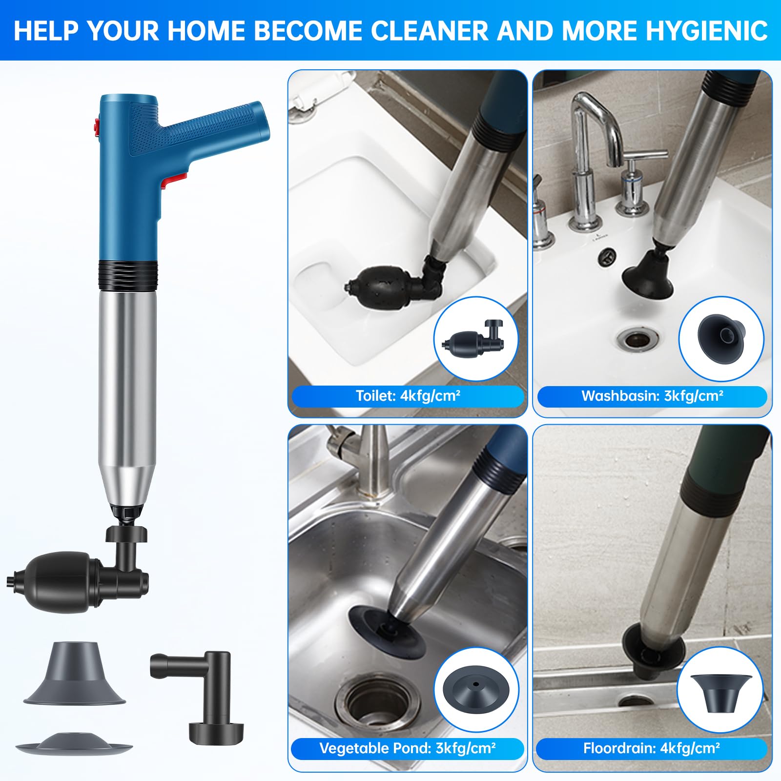 Rohrreiniger Druckluft, 4 in 1 Pömpel Toilette, Abflussreiniger Pumpe, Pressluft Rohrreiniger mit Luftdruckanzeige, für Waschbecken, Bodenablauf, Badezimmer, Toiletten, Dusche