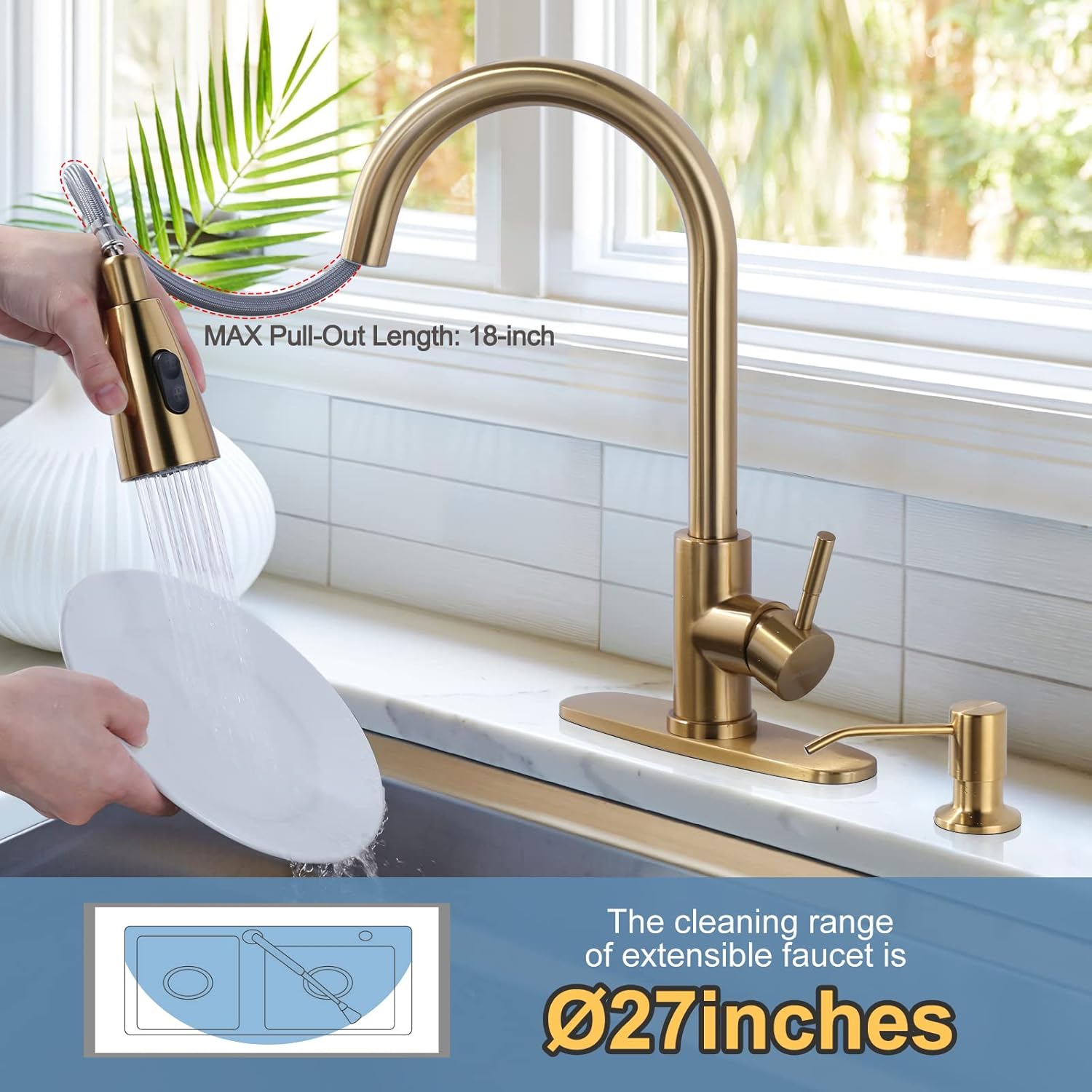 WOWOW Kitchen Faucet Head Replacement Gold, 3 Function Pull Out Spray and Brushed Gold Kitchen Faucet with Soap Dispenser