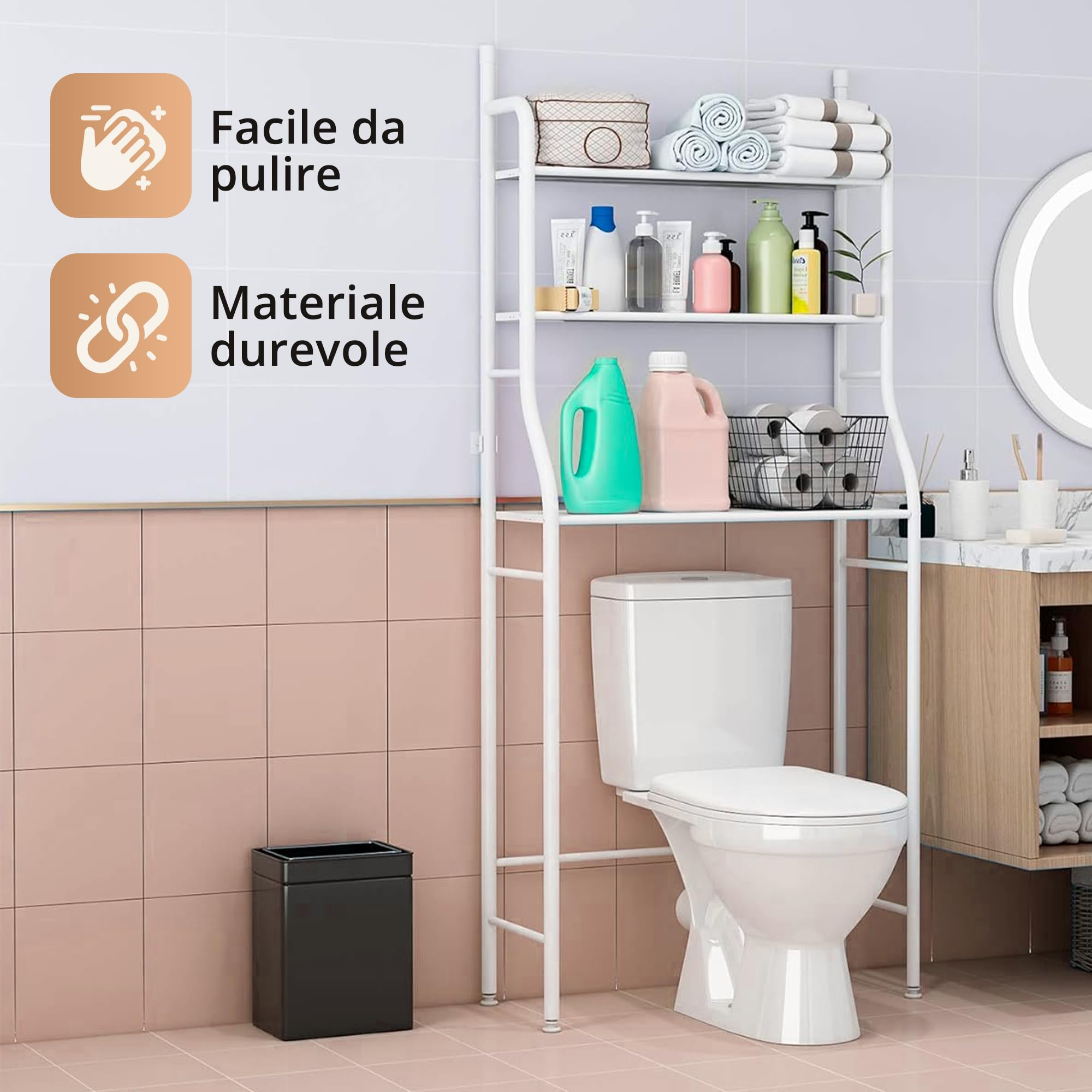 JUPPLIES Mobile Sopra WC Bagno 3 Ripiani Salvaspazio Scaffale Sopra Toilette Metallo 47x26x153cm Piedi Regolabili Anti-Ribaltamento