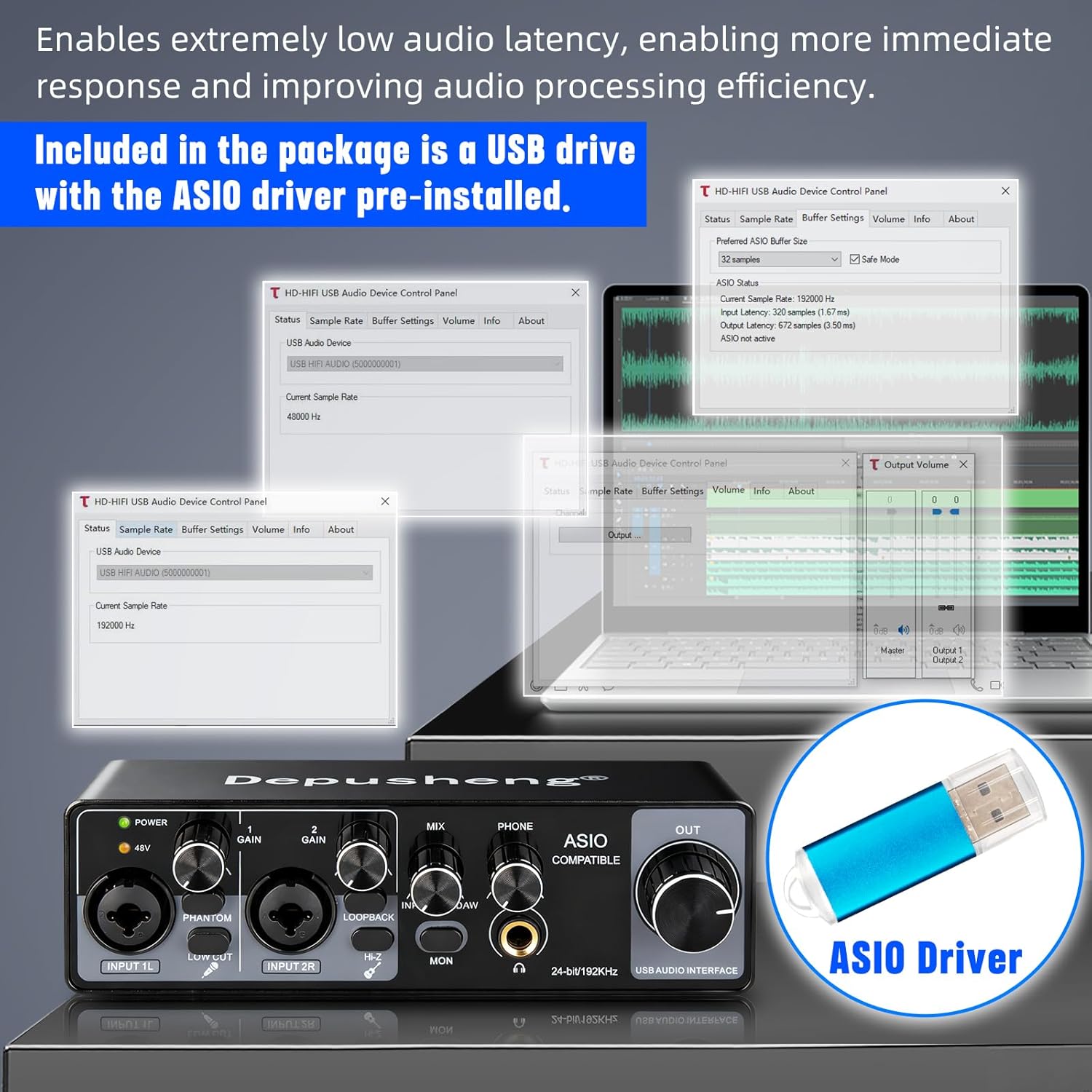 Depusheng USB Audio Interface with ASIO Drivers, 24Bit 192Khz, Phantom Power +48v, Low Latency for Home Studio Recording, PC/MAC Compatible (2 CHANNEL)