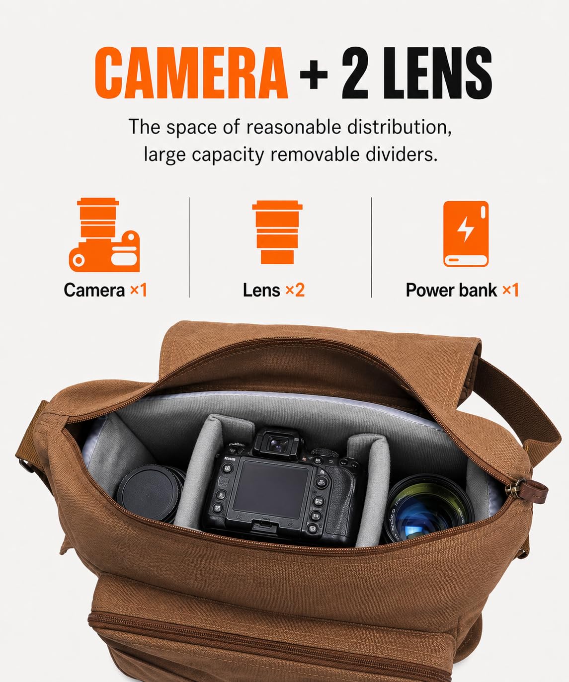 Cwatcun Bolsa para cámara Bolsas de Lona para cámara, Bolsa para cámara SLR, SLR/DSLR, cámara compacta, cámara de Sistema y Accesorios con Estuche extraíble Bolsa Mensajero, Café, L