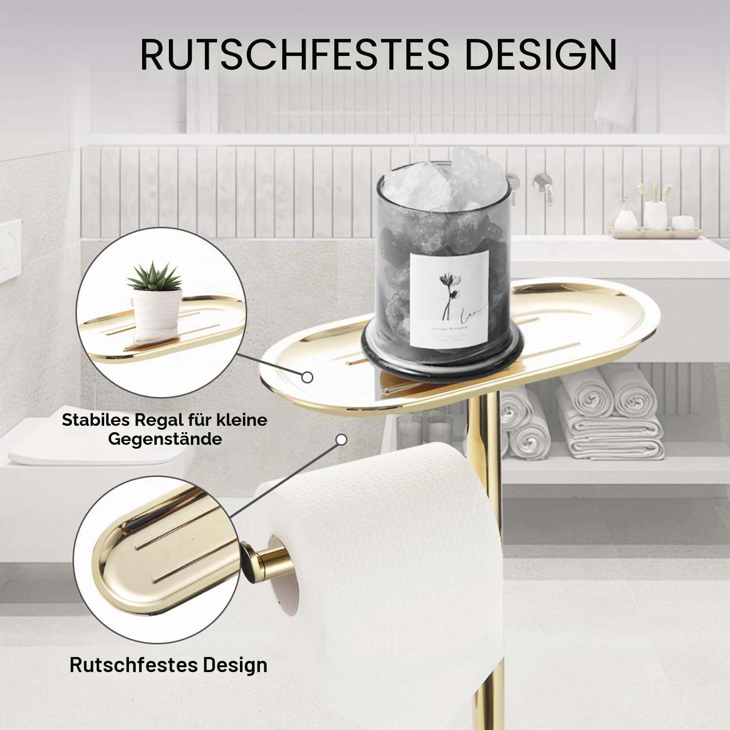 BGL Freistehendes Toilettenbürsten-Set mit langem Edelstahl Gold – WC Bürste & Klobürste mit Toilettenpapierhalter, 3-in-1 Set mit Ablage, Modernes Design