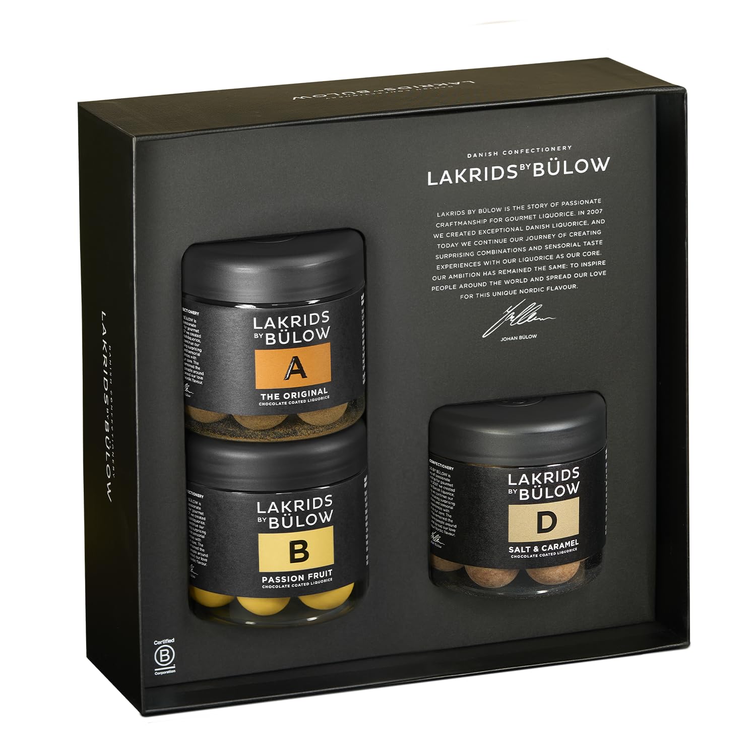 LAKRIDS BY BÜLOW - Geschenkbox 3er Set - A, B & D - The Original, Passion Fruit, Salt & Caramel - Gourmet Lakritze umhüllt von Schokolade