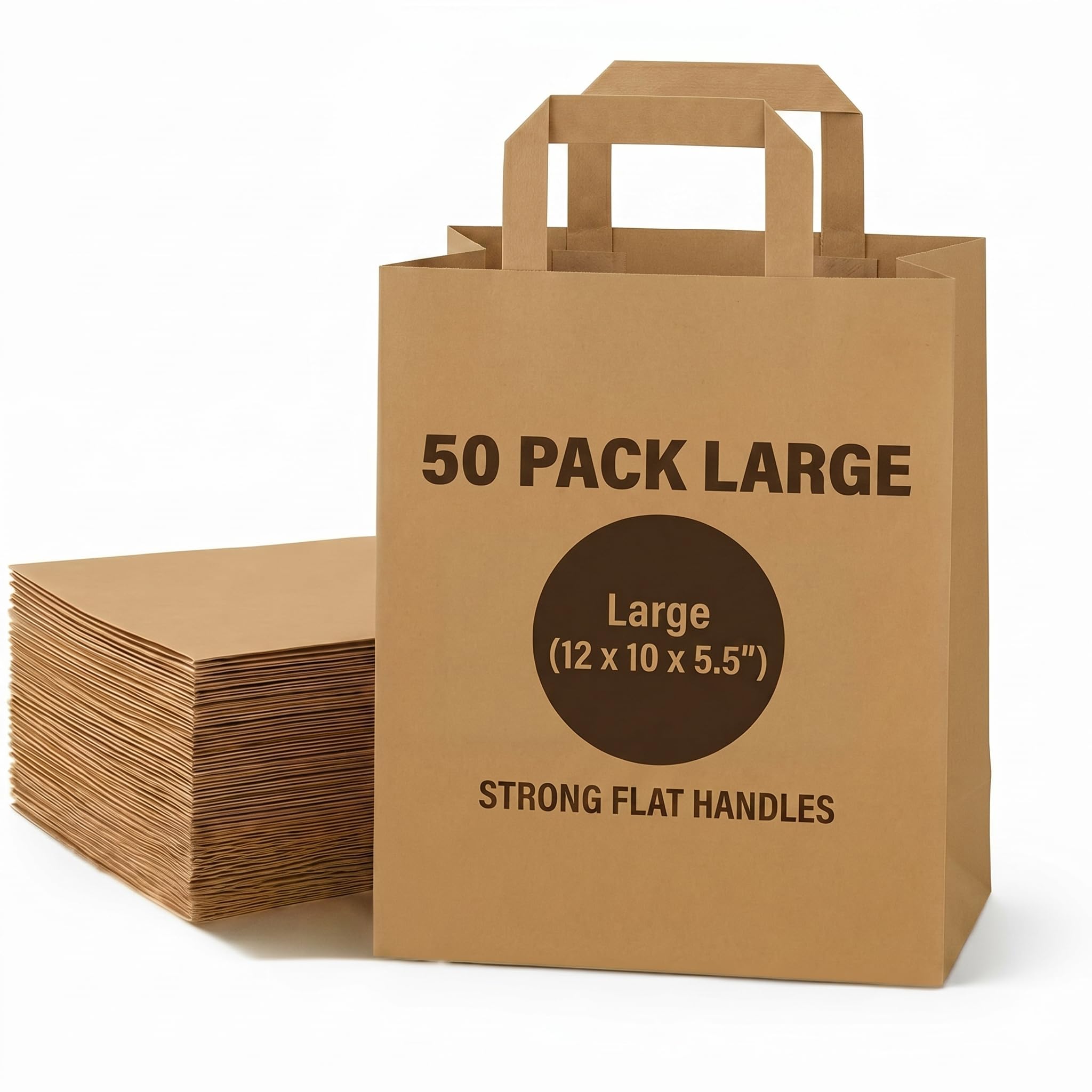 The Happy Garden Brown Kraft Paper Bags with Handles (50 Pack Large), Eco-Friendly 80gsm Strong Takeaway, Tear Resitant Grocery & Gift Bag, Recyclable, Food Safe, Reusable Shopping & Lunch Bags