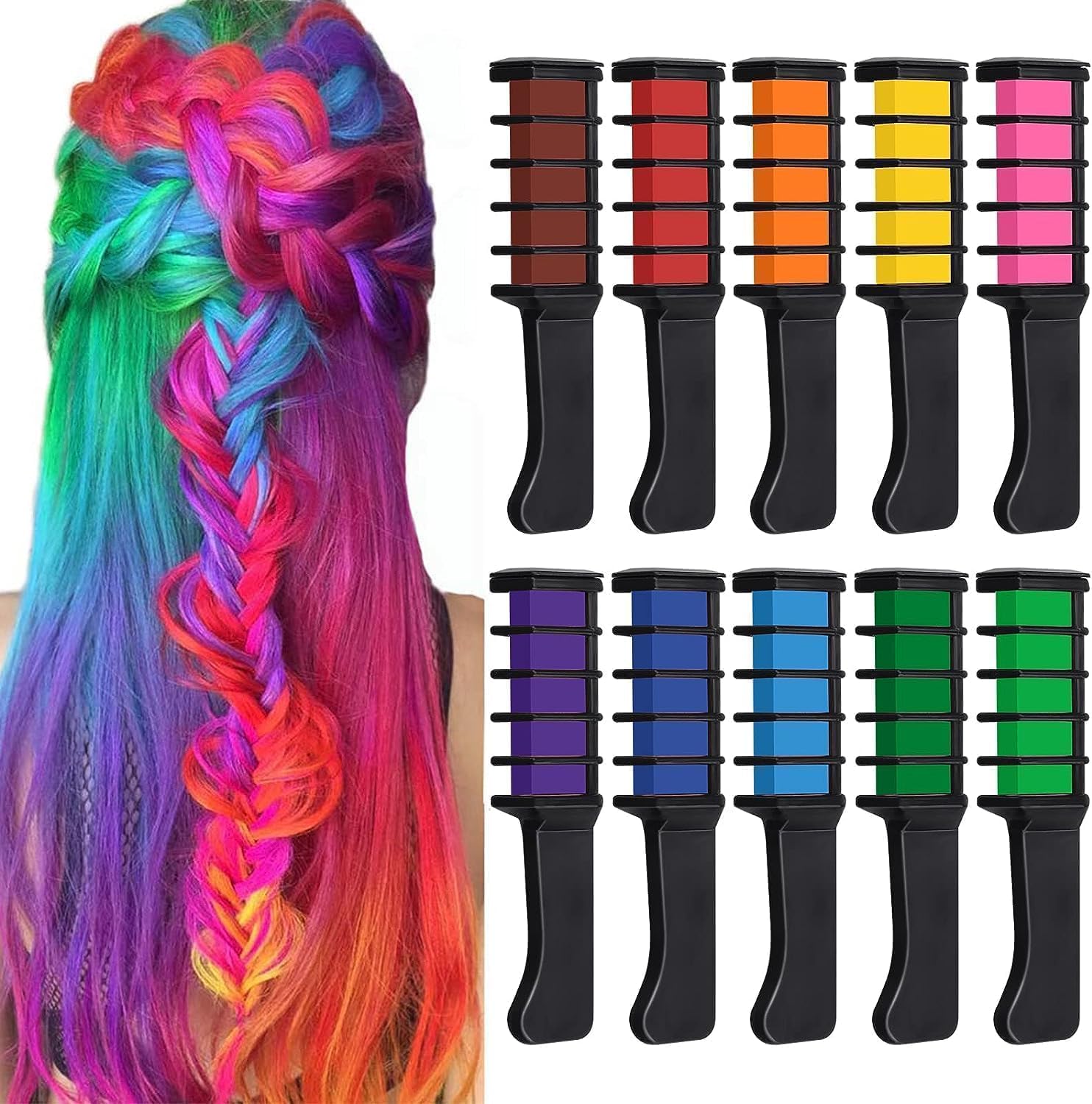 Temporary Bright Hair Chalk Set, 10 Colours, Metallic Glitter, with Comb, for Kids' Hair Dyeing, Parties, Cosplay, Halloween, Christmas (Multi Colours, 10 Pcs Hair Chalk)