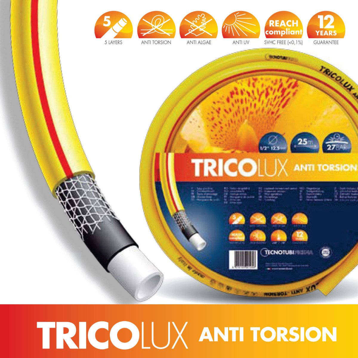STI Tubo Irrigazione Giardino Acqua Anti Torsione Tricot Rinforzo 5 Strati 5/8''(15mm) x 50m Giallo