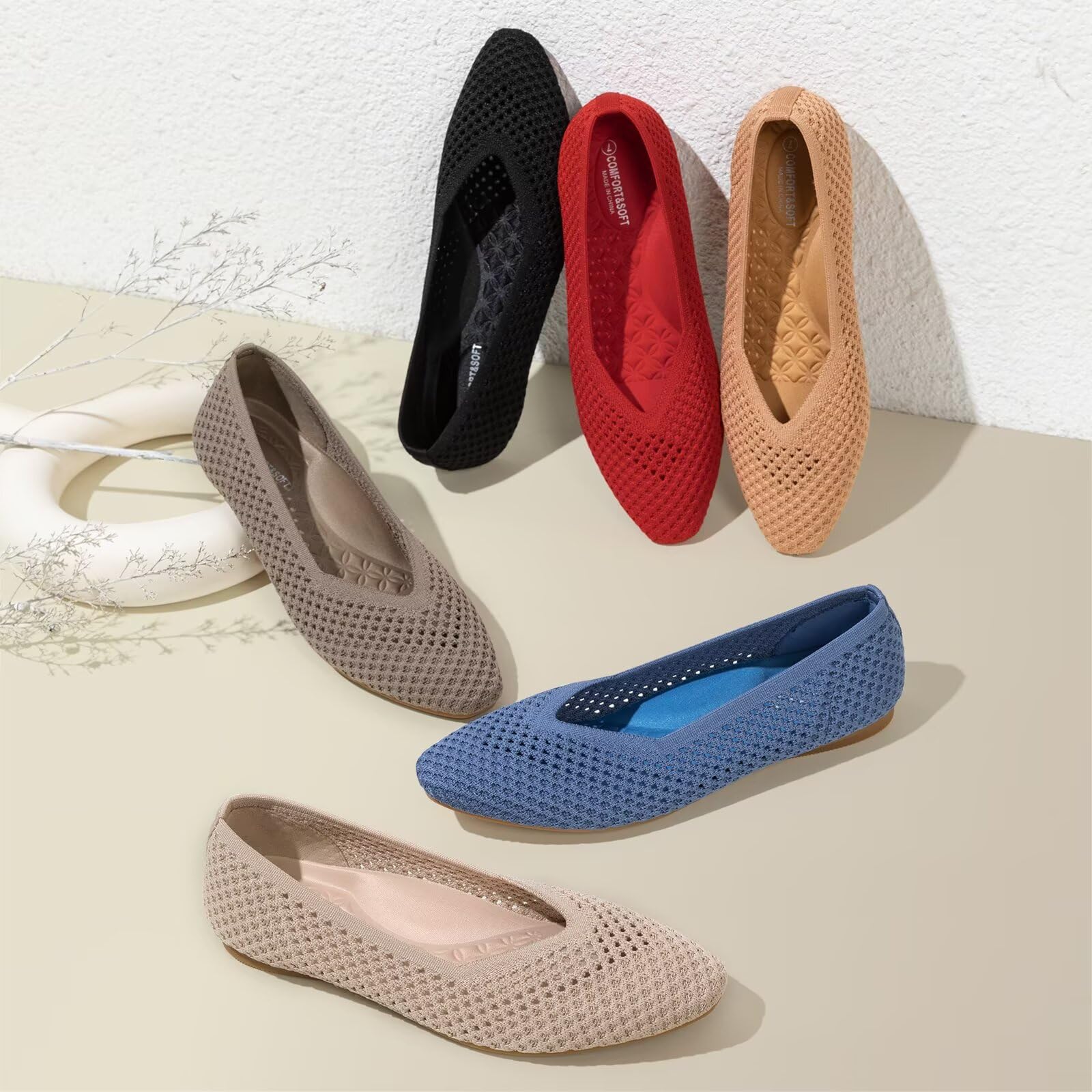 Frank Mully Flache Damen-Schuhe, quadratischer Zehenbereich, gestrickt, Netzstoff, mit Fußgewölbeunterstützung, waschbar, Ballettschuhe für die Arbeit