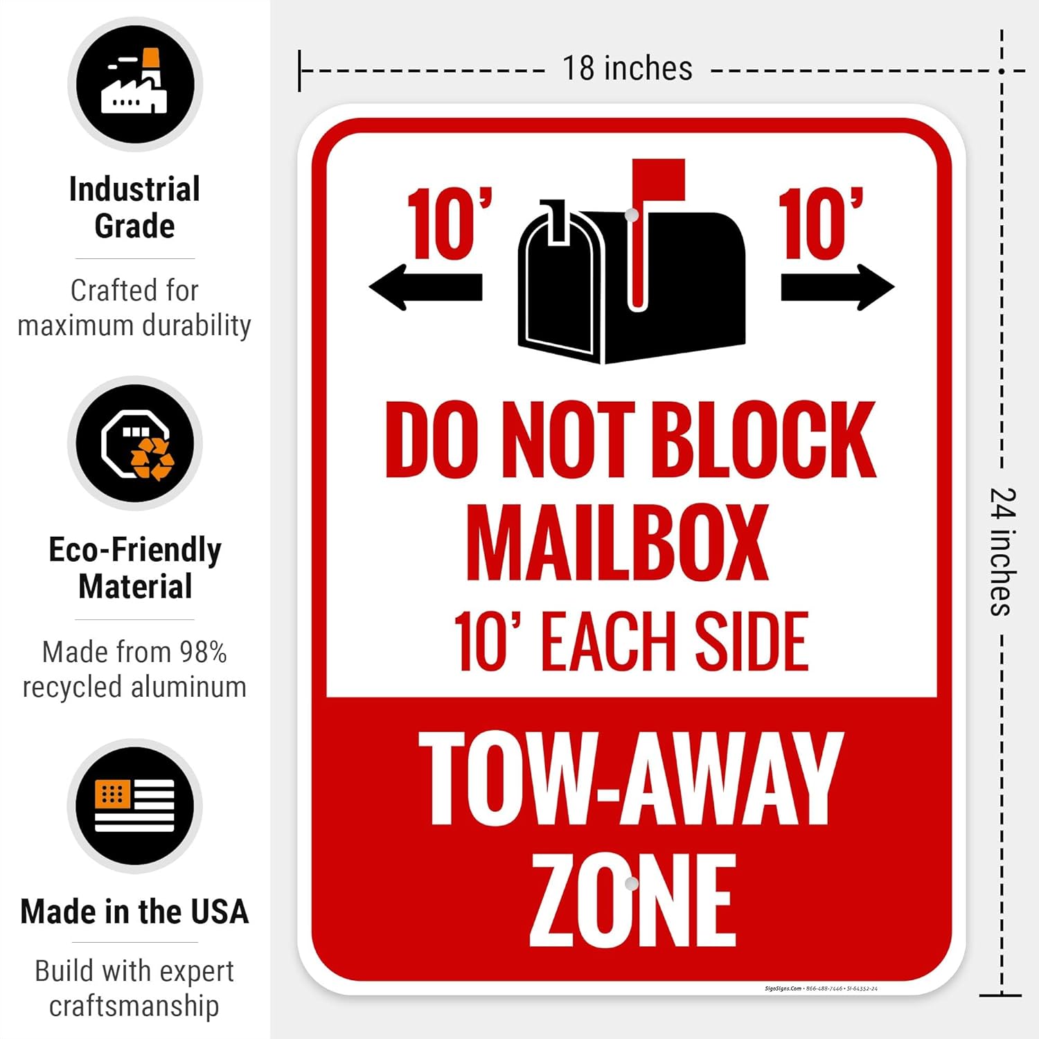 Do Not Block Mailbox for 10Ft Each Side Tow Away Zone with Graphic Sign, 18x24 Inches, Rust Free .063 Aluminum, Fade Resistant, Made in USA