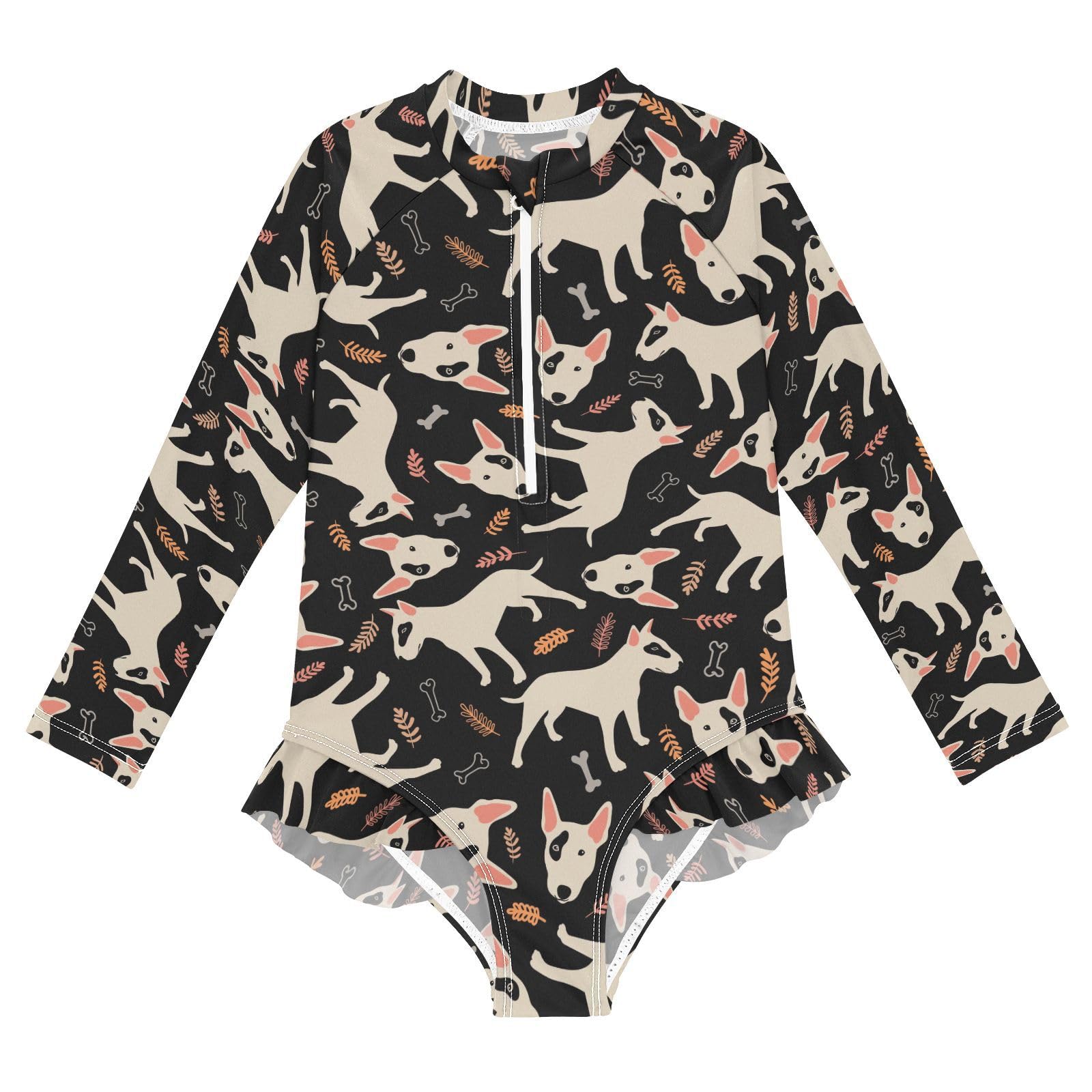 JHKKU Girls Long Sleeve Bull Terrier Cartoon Dog Swimsuit One Piece Zipper Rash Guard Bathing Suit with UPF 50+ Sun Protection Ruffle Swimwear 3T