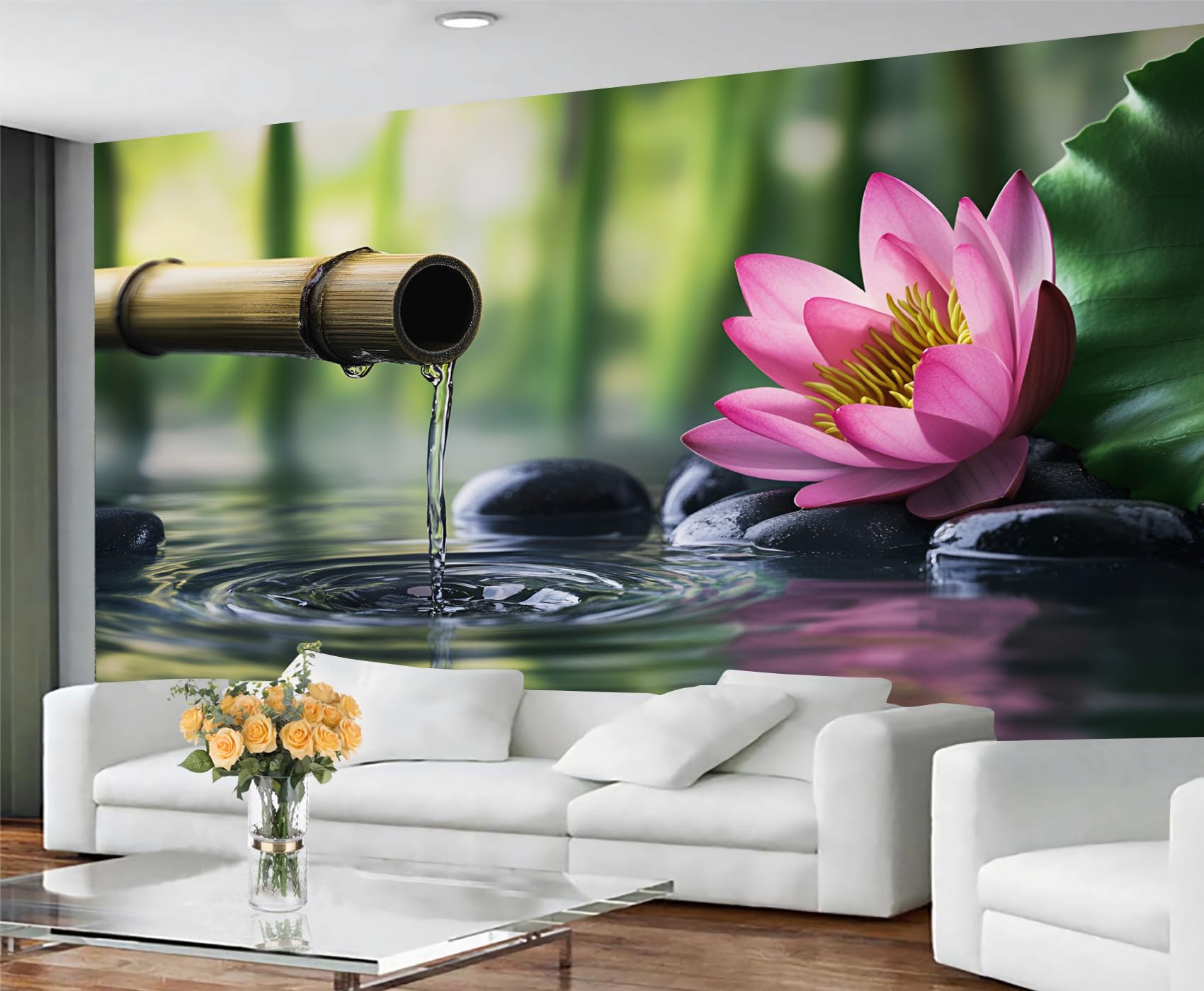 Papier peint oriental exotique salon : grand paysage bambou zen