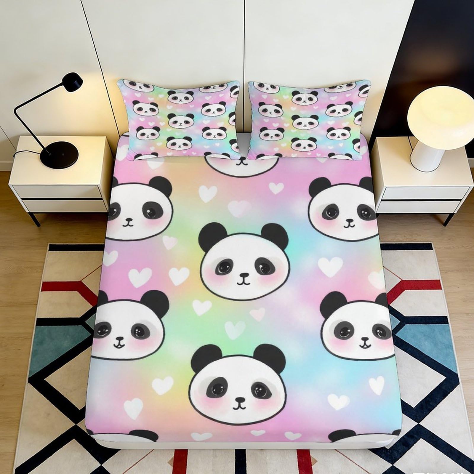 3D Printed Rainbow Panda Fitted Sheet Microfiber Soft Colorful Hearts Bed Cover for Bedroom Dorm Mattress Protection 90x200x25cm