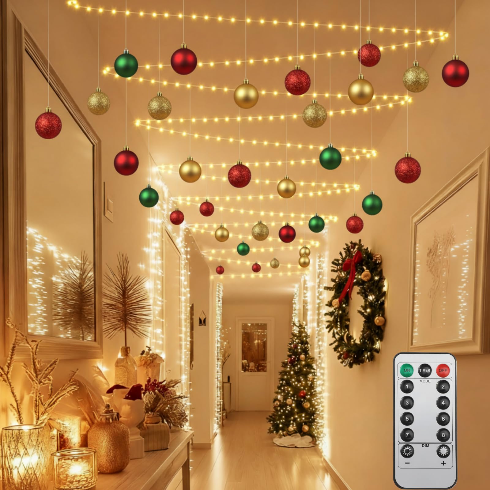 Halloscume Weihnachts-Lichterkette für Flure, Deckenleuchten, Dekorationen, 19,8 m, LED-Lichterkette mit Fernbedienung, 63 Weihnachtskugeln, Ornamente, DIY, Urlaub, Party, Veranda-Dekoration