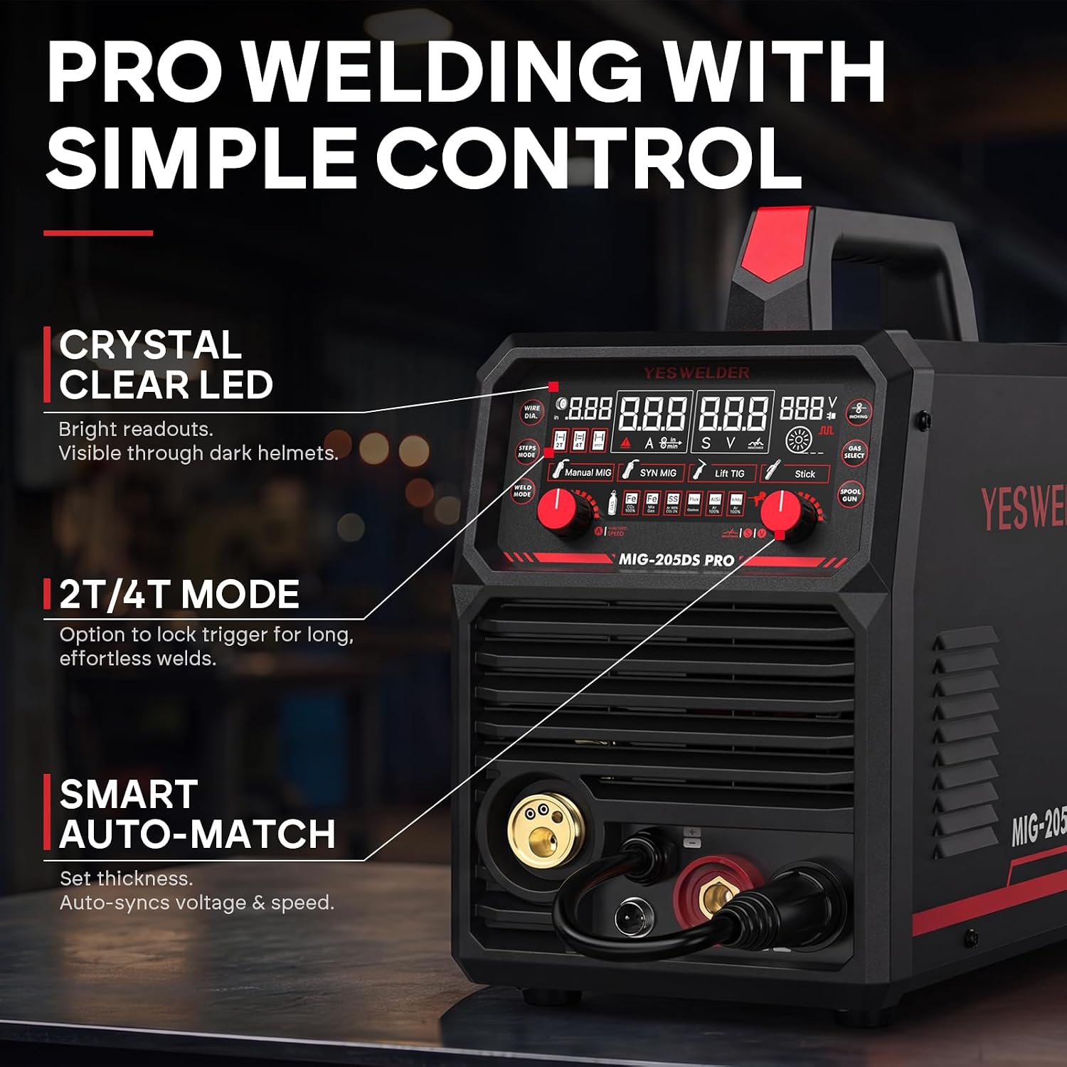 YESWELDER 205A MIG Welder, 110V/220V Dual Voltage, 5 in 1 Gas MIG/Flux Core MIG/Spool Gun MIG/Lift TIG/Stick Multiprocess LED Digital Display Aluminum MIG Welding Machine MIG-205DS PRO