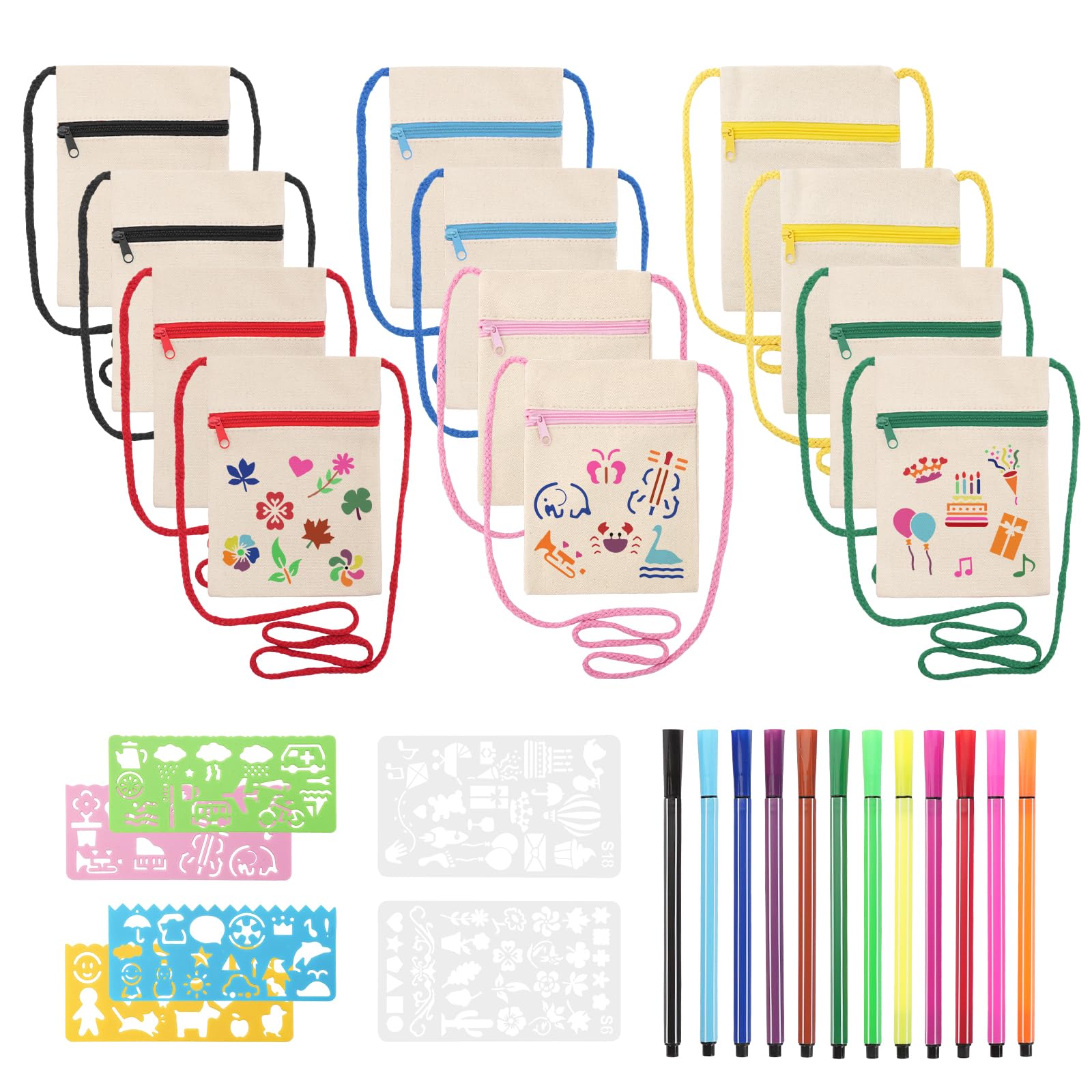 12PCS Blank Canvas Zipper Shoulder Bags, Canvas Plain Tote Bag with Stencil