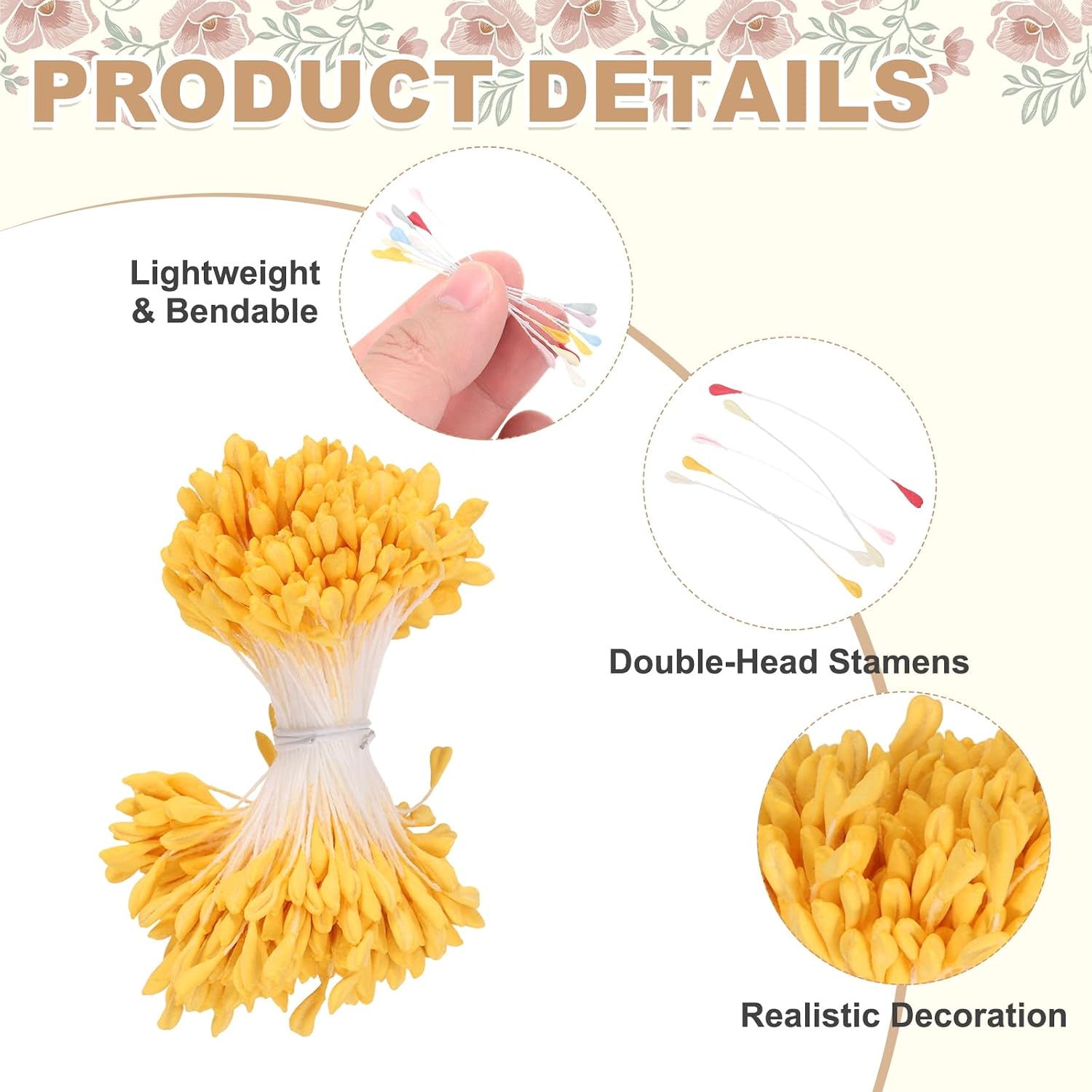 MECCANIXITY 3mm Double Head Flower Stamen 1020 Pcs Artificial Floral Stamens Pistil for Christmas Wedding Flowers Making Scrapbook Decoration DIY Crafts, Yellow