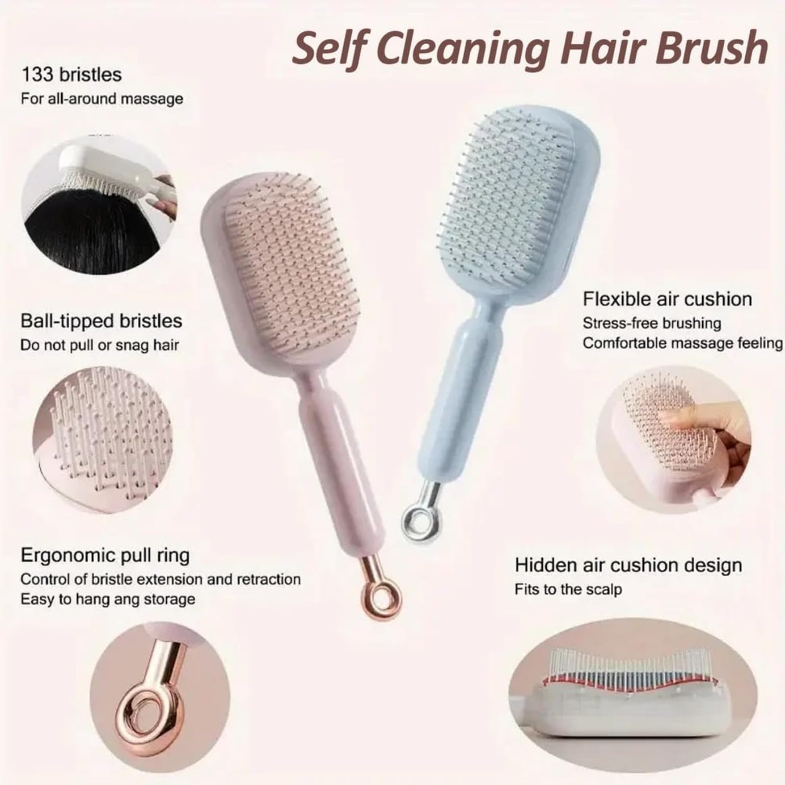 Cepillo de pelo con cojín de aire autolimpiante, peine de masaje para desenredar el cuero cabelludo con pinzas para todo tipo de cabello (2 paquetes, rosa)