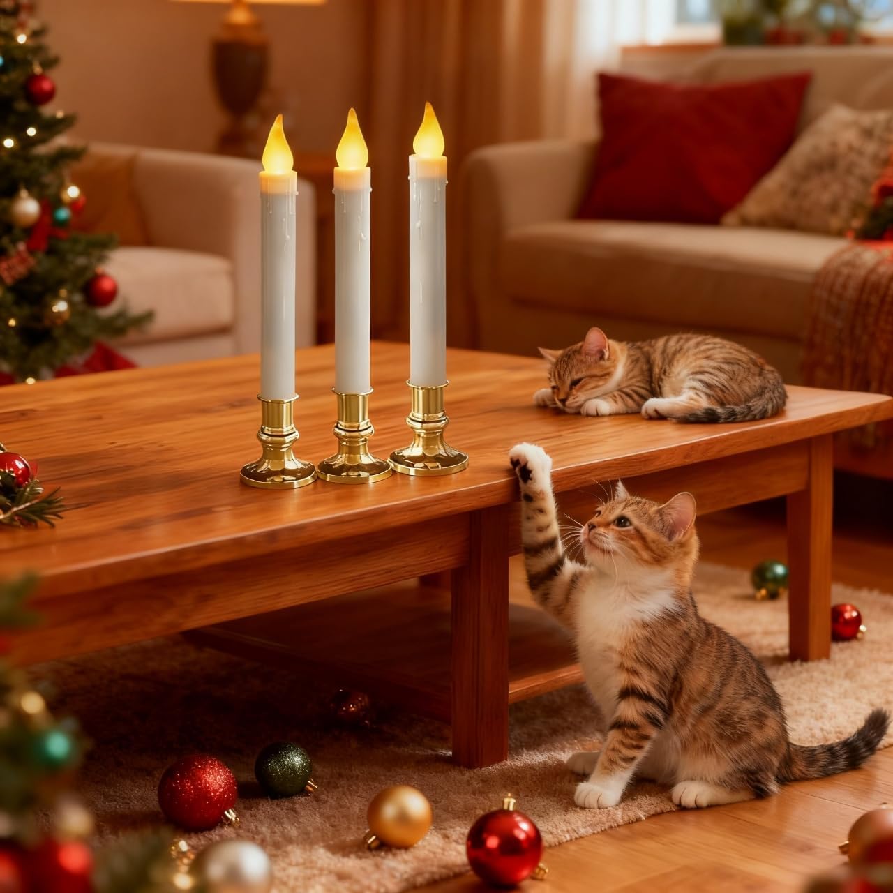 Flameless Candles Christmas Window Candles - 9.3in Flameless Taper Candles with Suction Cups Flickering Timer for Halloween Christmas Wedding Home Decor Candlesticks Fireplace (6pcs-Gold)